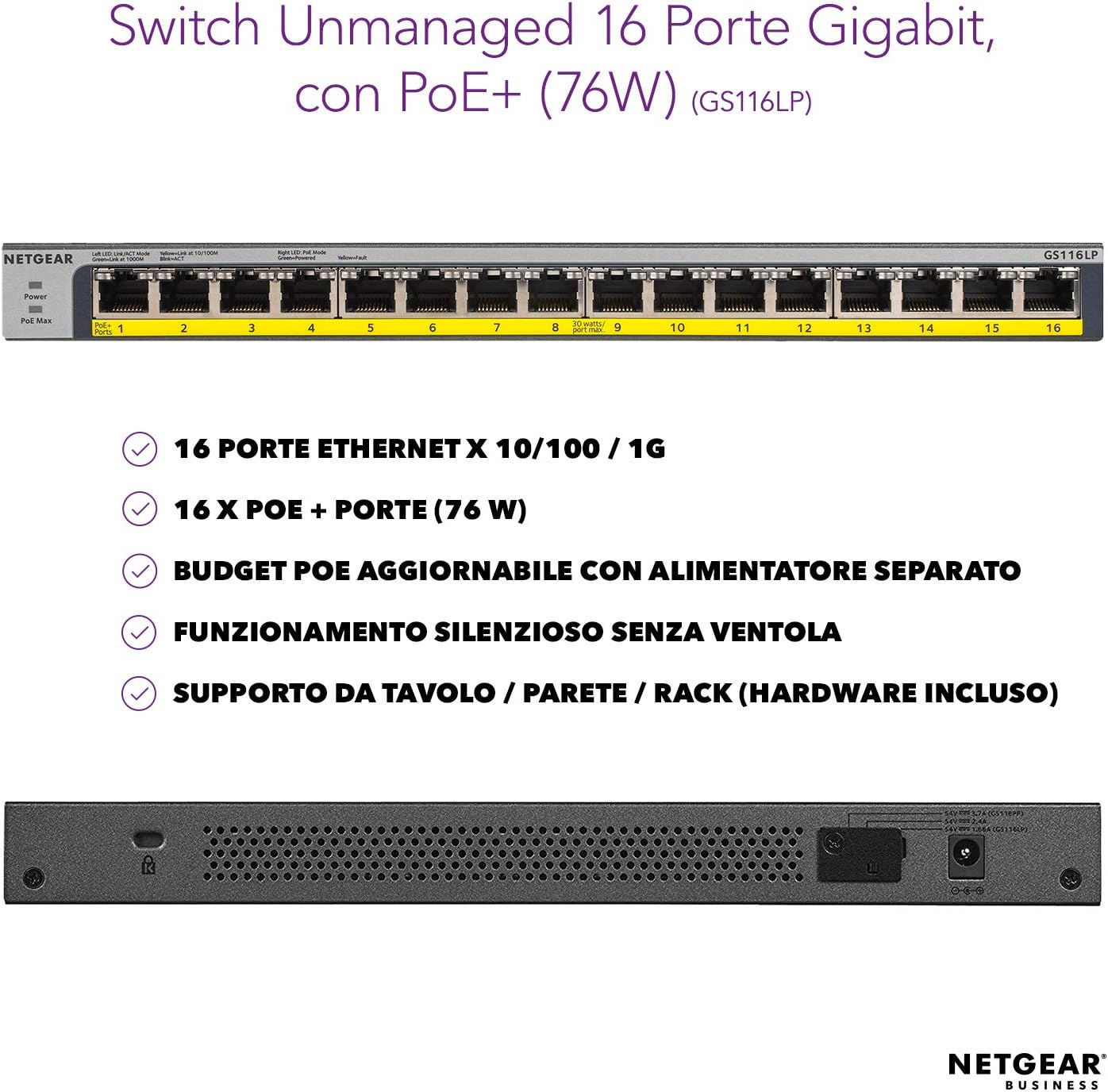 Thumbnail 1 de Netgear GS116LP 16-Port PoE+ Gigabit Unmanaged Switch (76W, FlexPoE-ready)