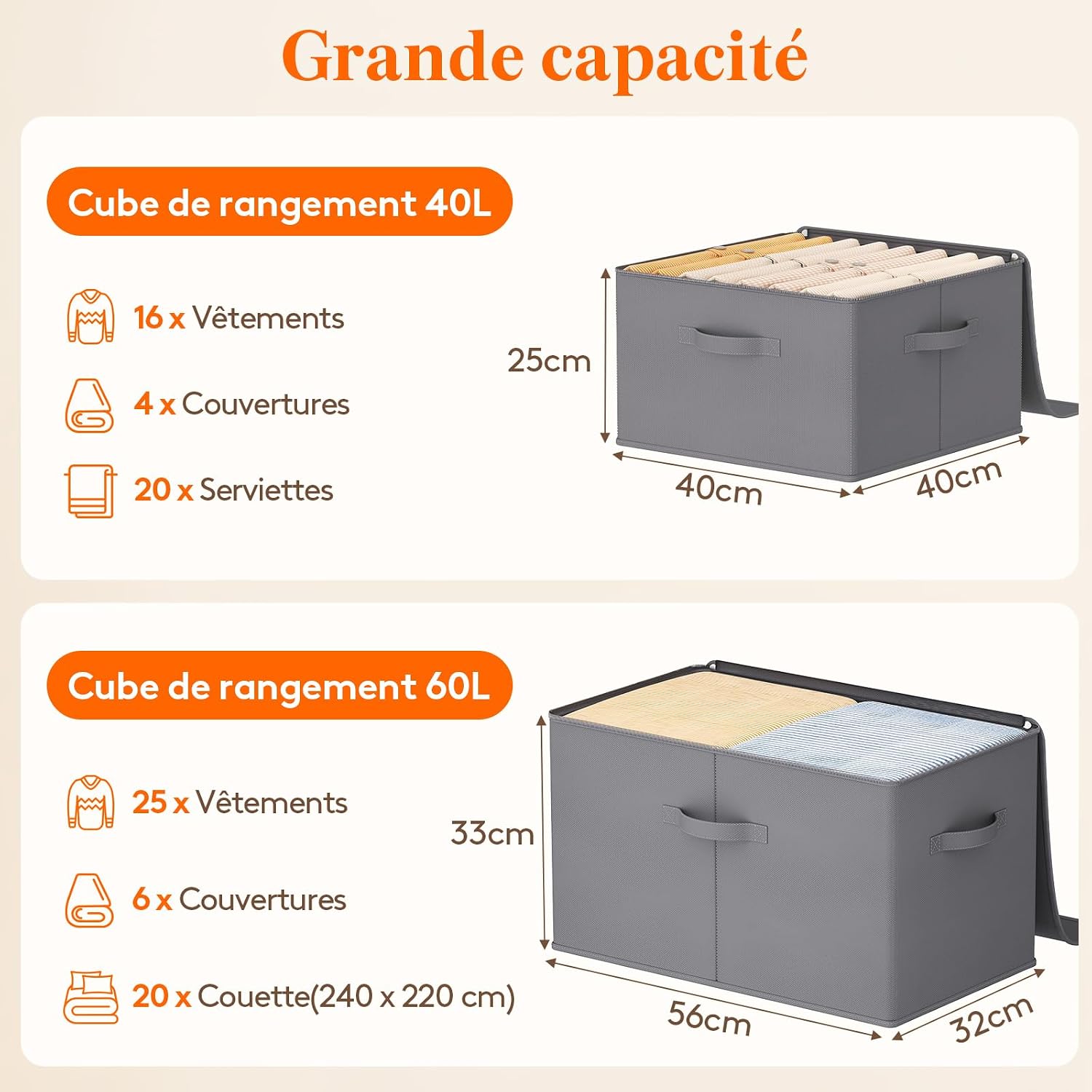 Detalle 2 de Lifewit 24300 set van 3 opbergdozen, 40 liter, met rits en stoffen deksel
