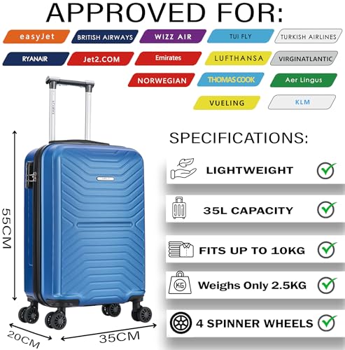 Detalle de FLYMAX 55x35x20 Cabin Suitcase: Lightweight Hard Shell Carry-On for UK Airlines