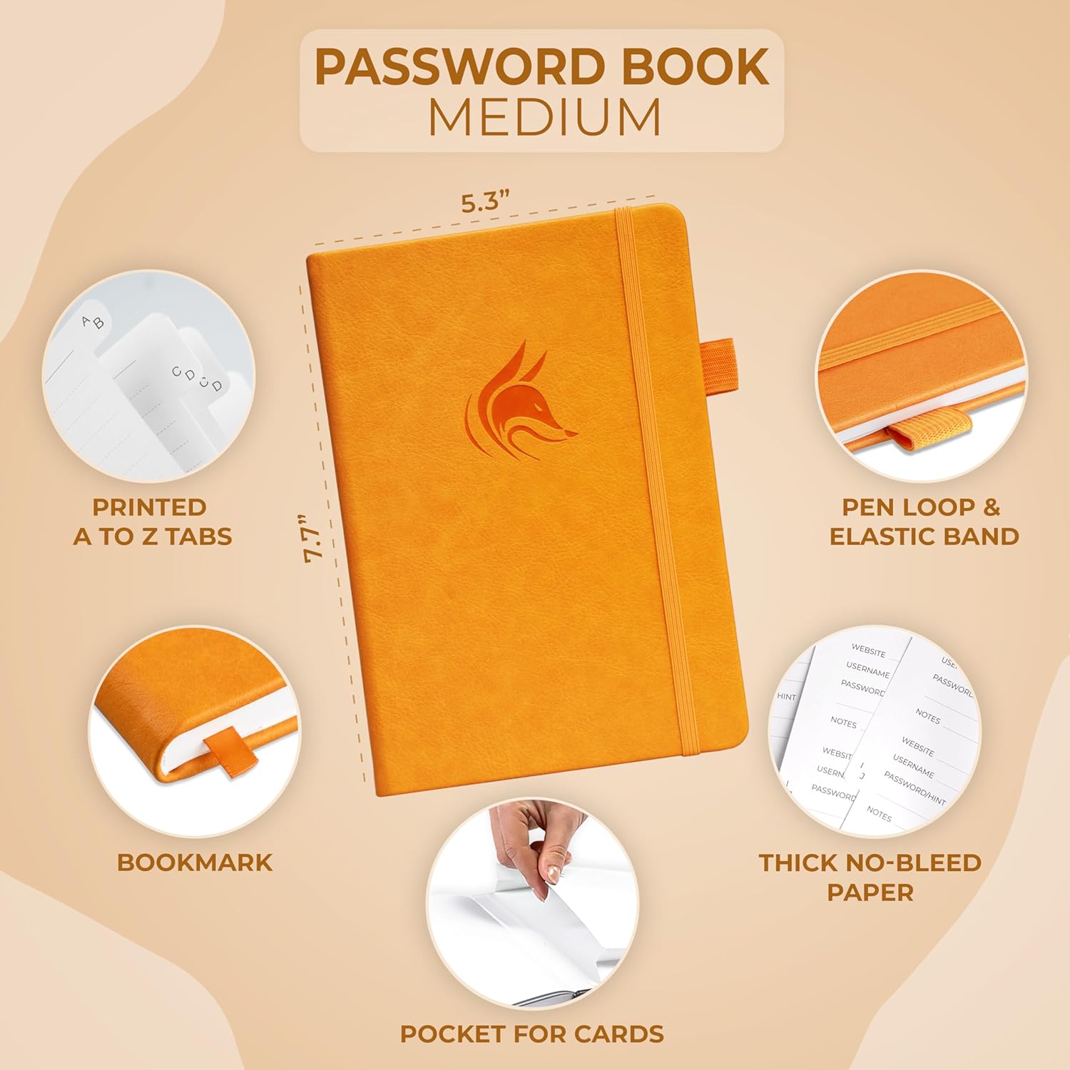 Thumbnail 1 de Clever Fox Password Book with Alphabetical Tabs (Medium) – Yellow password & internet address organiser logbook