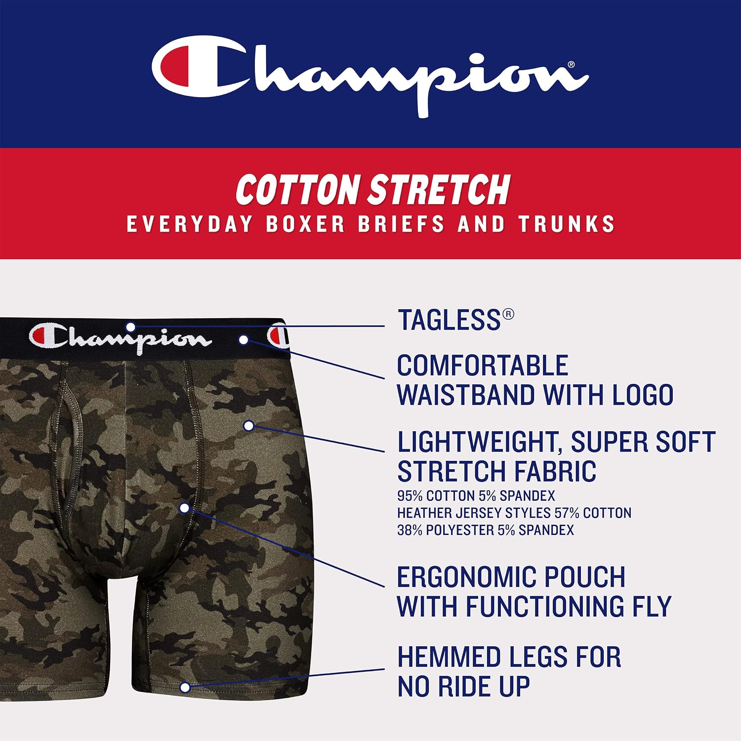Detalle de Champion Men's Boxer Briefs, 5-Pack, Black, XL, Stretch Cotton, Moisture-Wicking