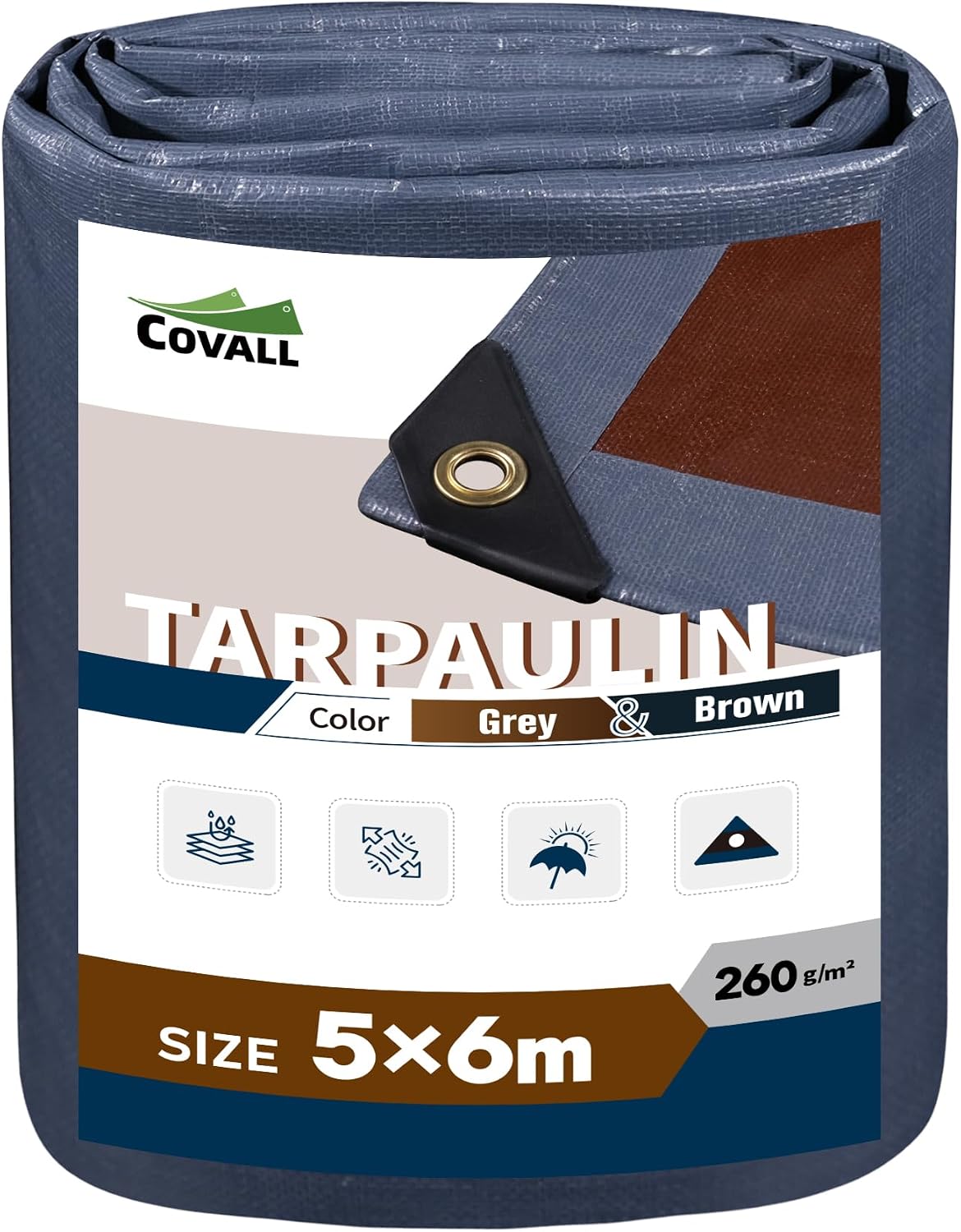 Detalle de Covall Waterproof EXTRA Heavy Duty Tarp 5x6m: 260g/m², UV & Tear Resistant with Reinforced Corners