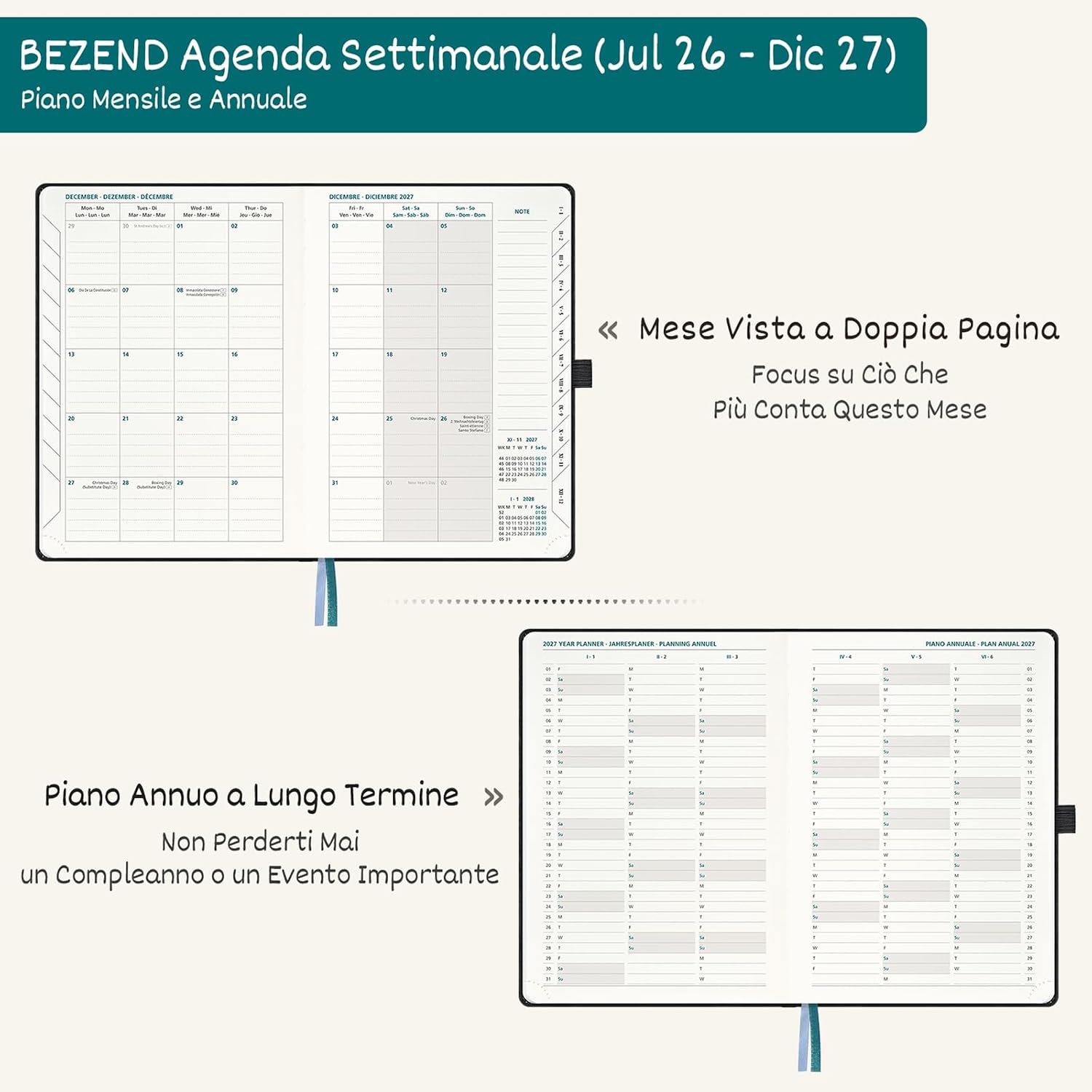 Detalle de BEZEND Agenda 2026-2027 Settimanale A5: eleganza minimalista e organizzazione senza compromessi