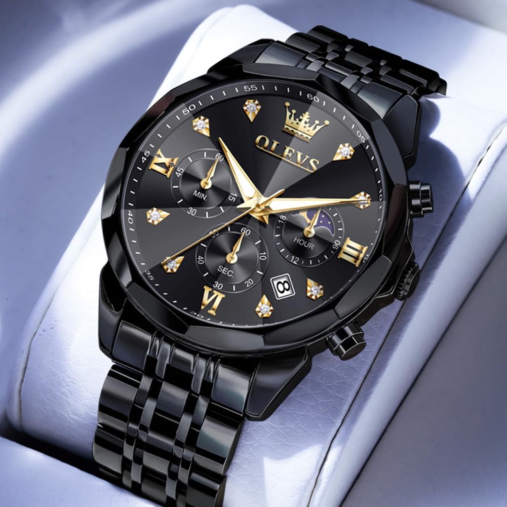 Detalle de OLEVS Herren Quarz Business-Uhr mit Chronograph, Mondphase & Datum – wasserdicht, Edelstahl
