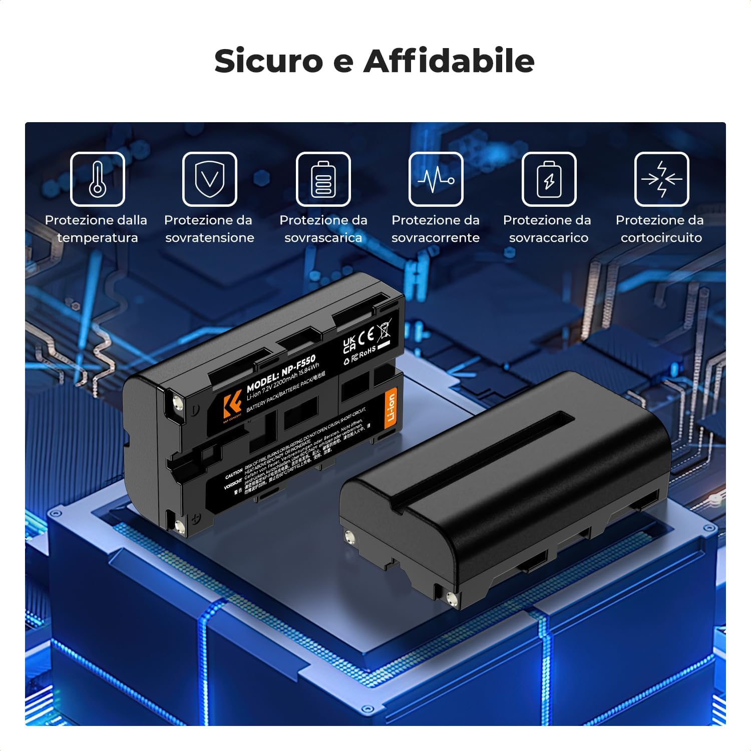 Thumbnail 4 de K&F CONCEPT NP-F550 (2 batterie) da 2600 mAh + kit doppio caricatore micro USB per Sony NP-F550/F570/F750/F770/F930/F950/F960/F970