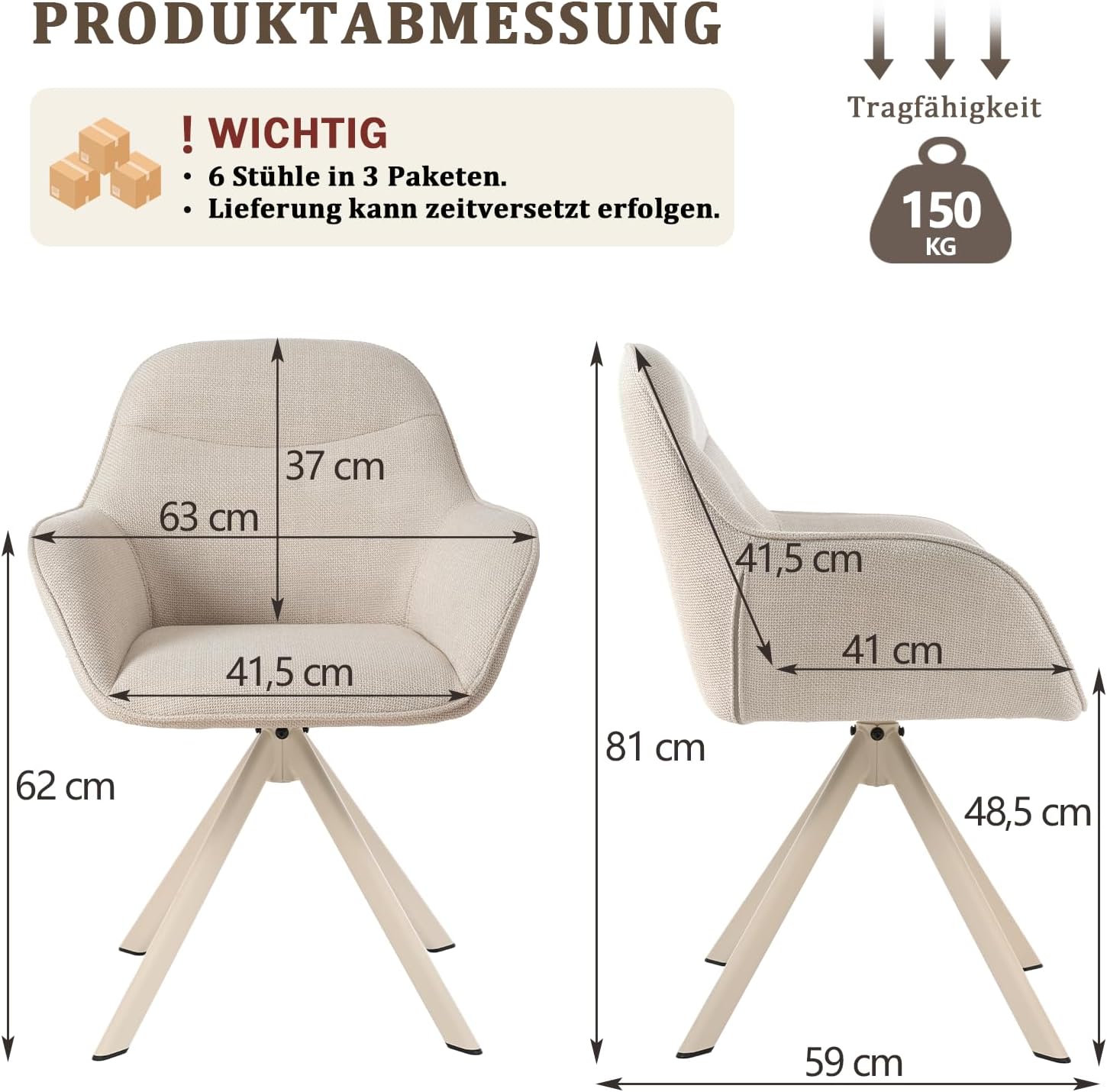 Detalle de Goeurvant Sedia da pranzo beige con bracciolo – set da 6 sedie girevoli, imbottite in poliestere