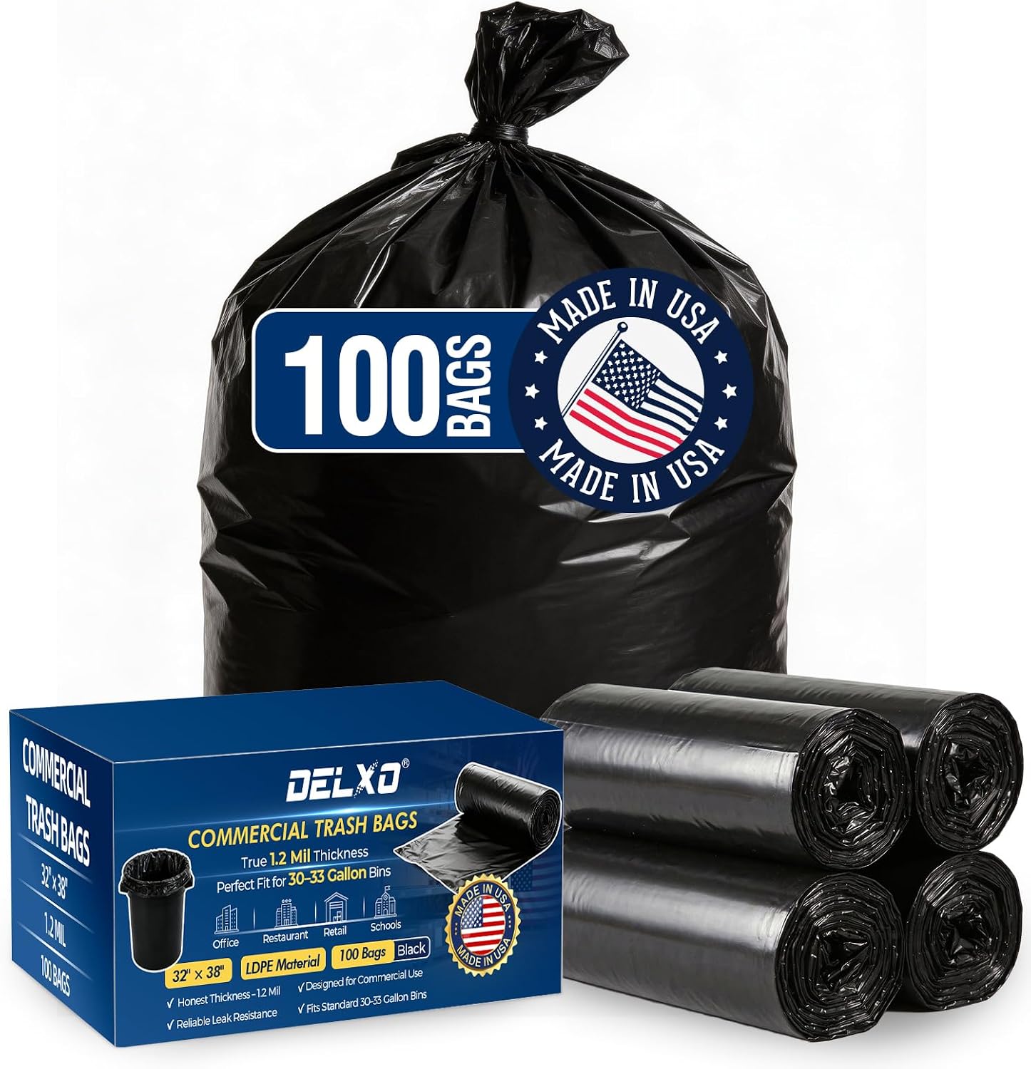 Detalle de Delxo 30–33 Gallon Trash Bags, 100 Count, 1.2 Mil, 32” x 38”