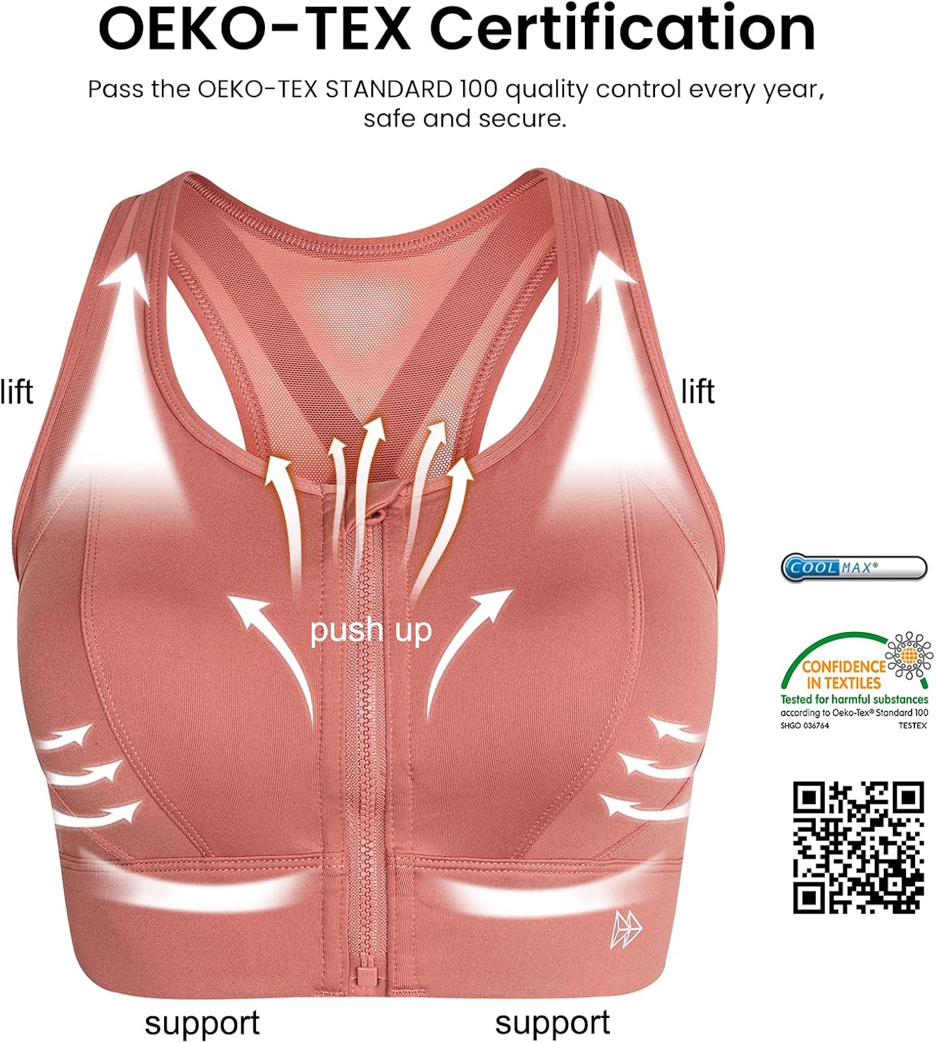 Detalle de Yvette High Impact Zip Front Sports Bra with Mesh Racerback Support (Front Closure)