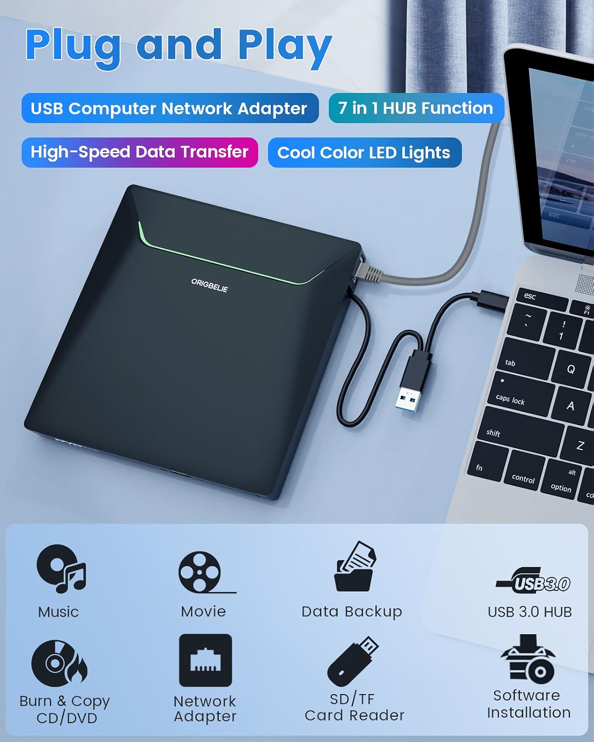 Thumbnail 1 de ORIGBELIE Neuestes Externes DVD-Laufwerk (USB 3.0) mit RJ45-Ethernet-Adapter und Kartenanschlüssen
