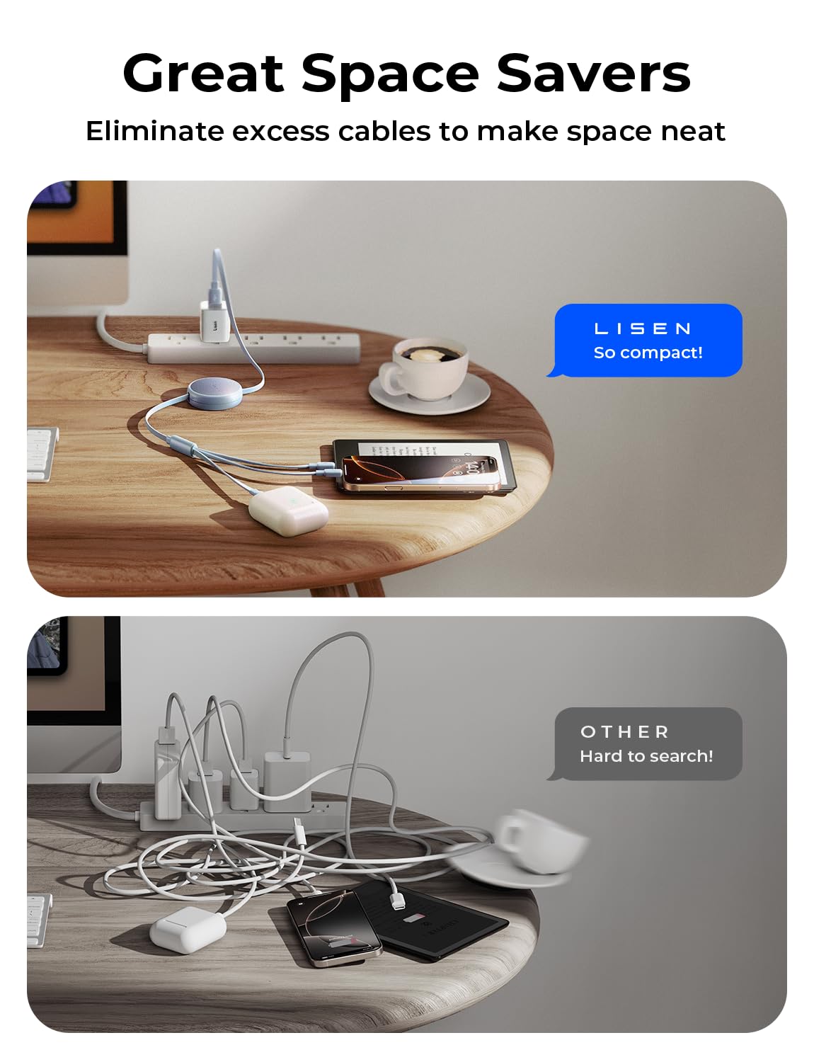 Detalle 2 de LISEN Multi Ladekabel 1.2 m für iPhone 17 Pro – 3-in-1 USB-C/Micro-USB/Lightning Auto-Ladekabel