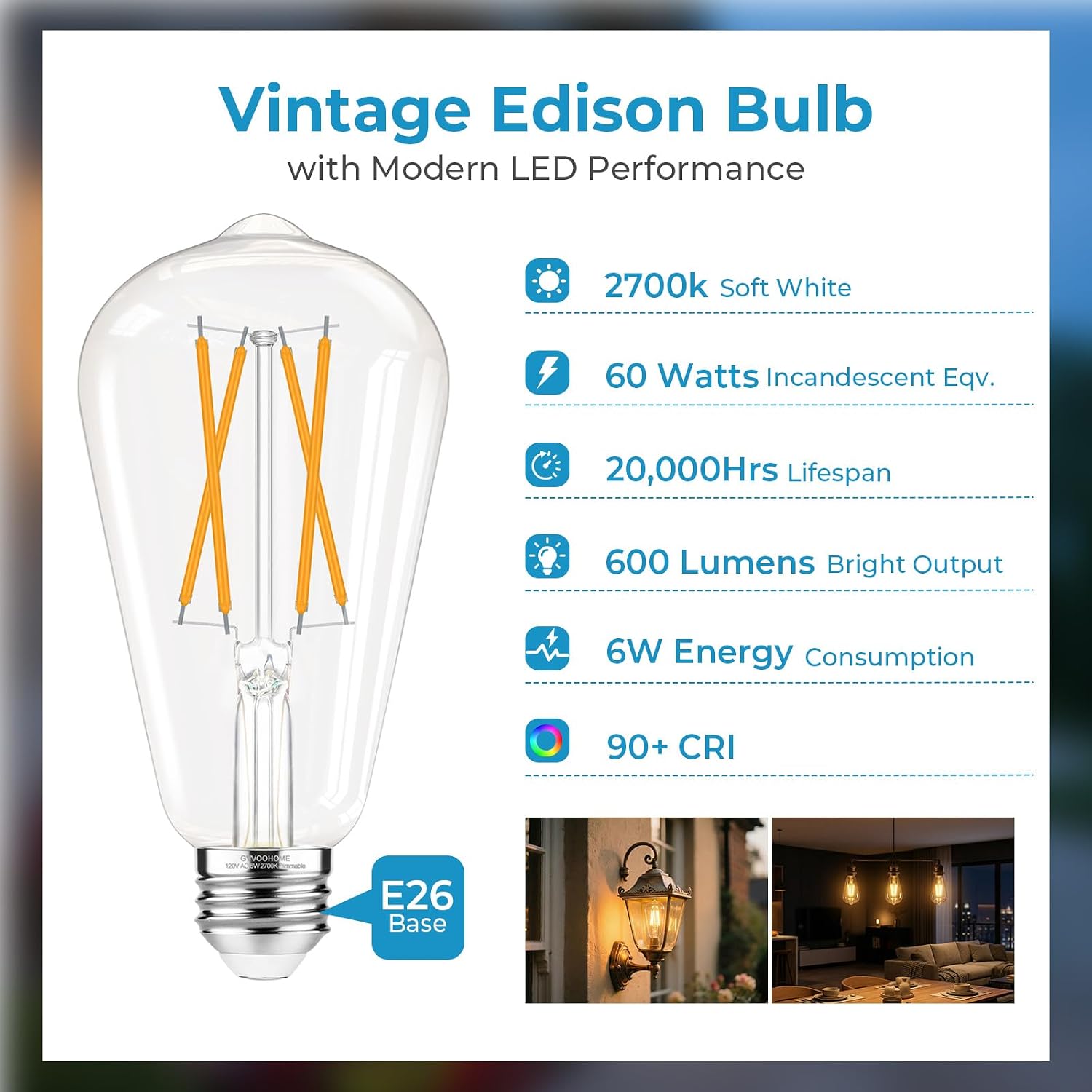 Detalle 2 de GvvooHome ST5860W-27KSF-18P-DIM ST58 LED Bulbs, Dimmable, 2700K, 18-Pack