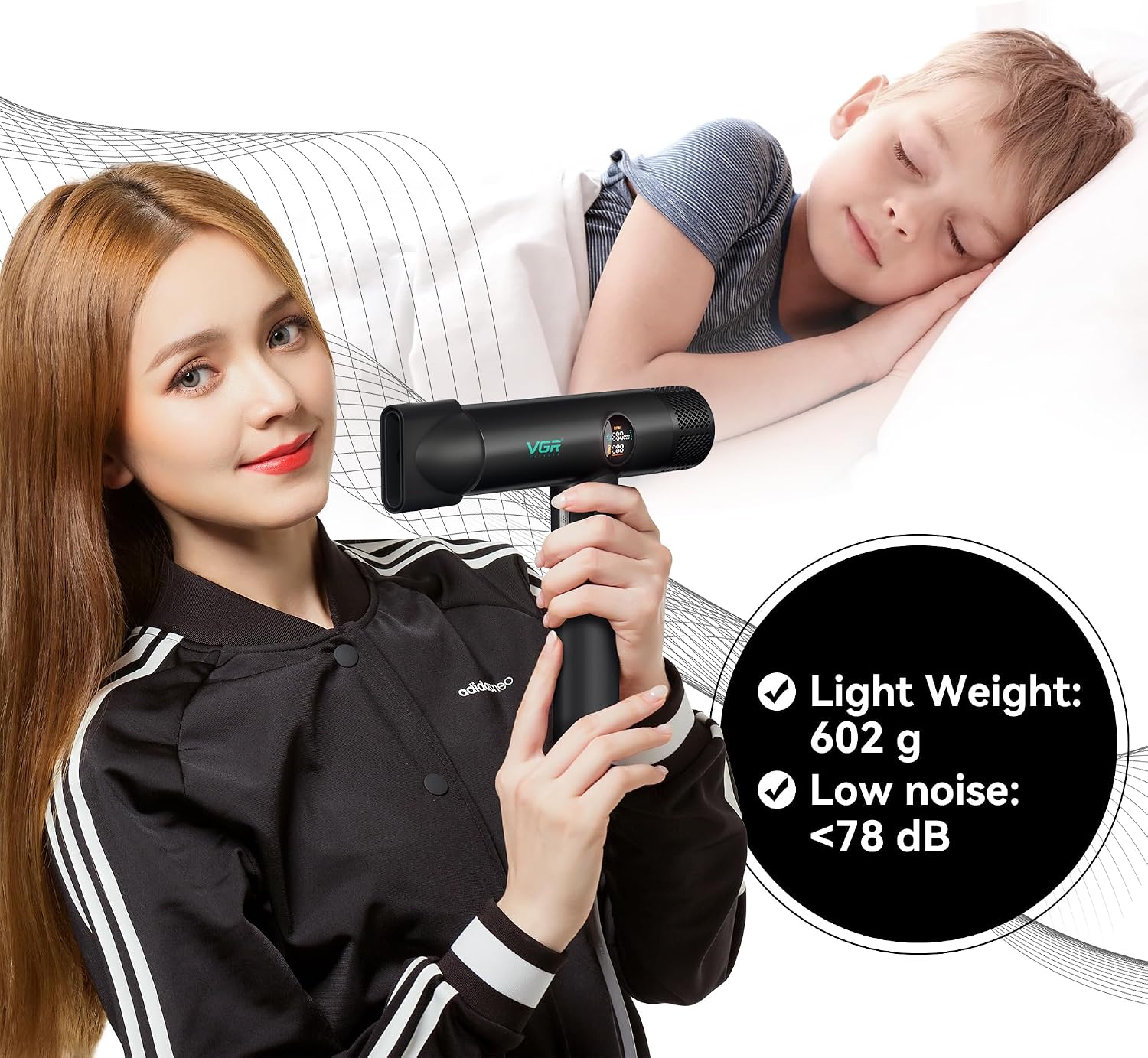 Detalle de VGR Professional Hair Dryer with Diffuser for Curly Hair – 1900W, Brushless Motor, Low Noise