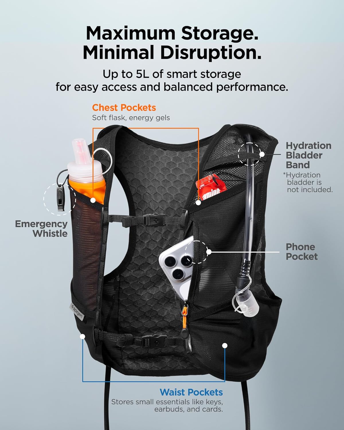 Detalle de Spigen A721 Gilet d’hydratation de course avec flasque 500 ml et support téléphone sécurisé (M/L ou L/XL) – Noir