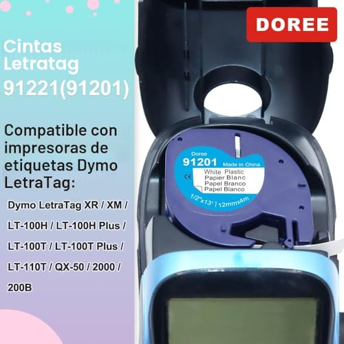 Detalle de DOREE 91221 91201 S0721660 – Cinta blanca plástica 12 mm x 4 m (6 unidades) compatible con Dymo Letratag