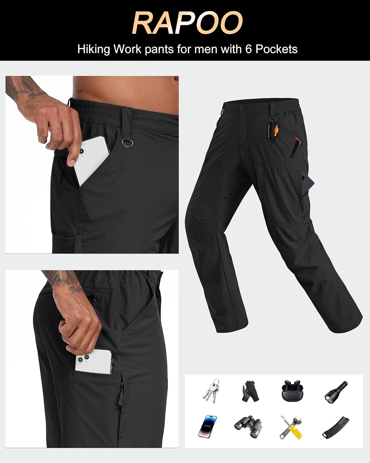 Detalle de Rapoo Men's Hiking Pants: Lightweight, Water-Resistant Nylon Cargo Pants with 6 Pockets