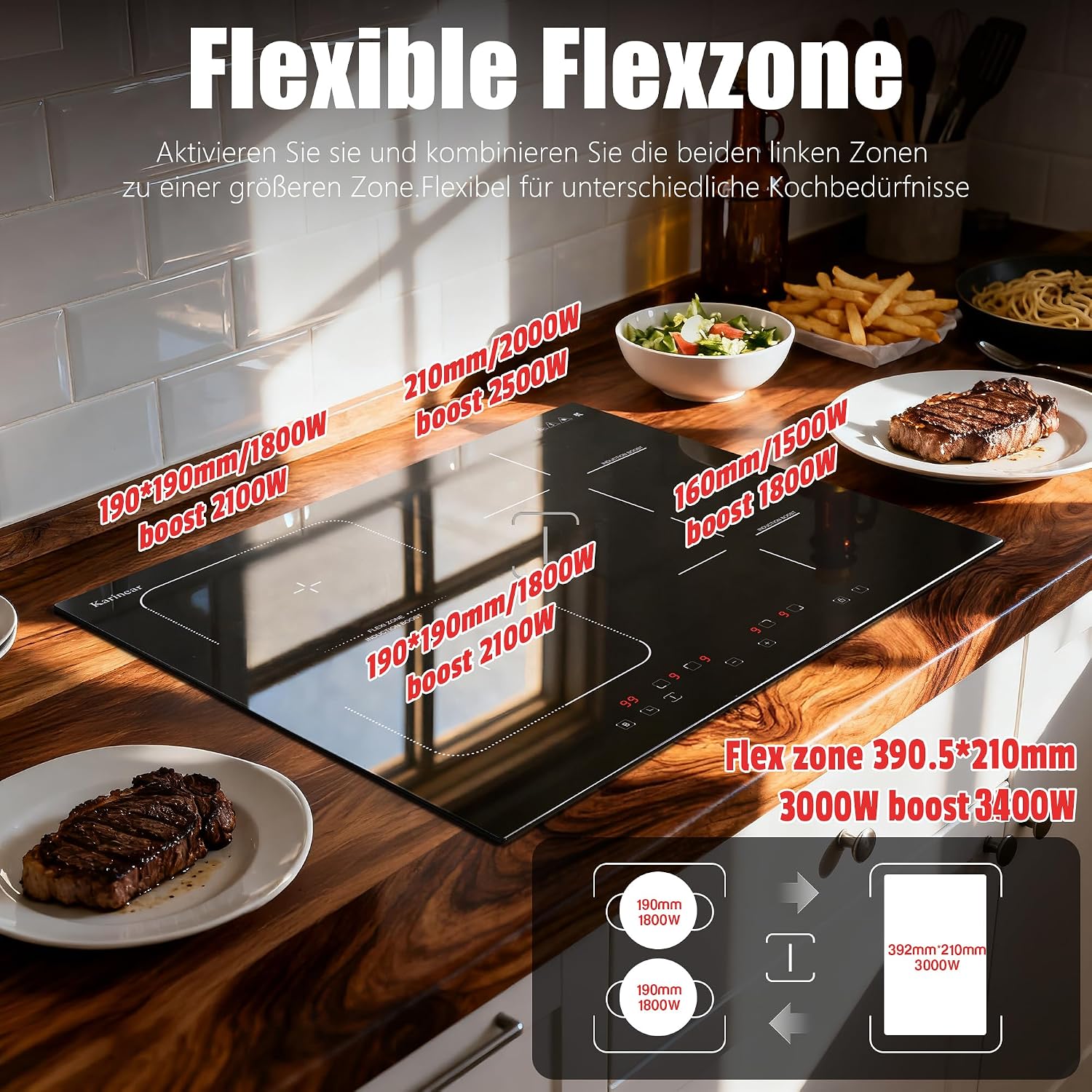 Detalle 2 de Karinear Induktionskochfeld 60 cm 7200W mit Flexzone – 4 Platten, Touchscreen & Sicherheit