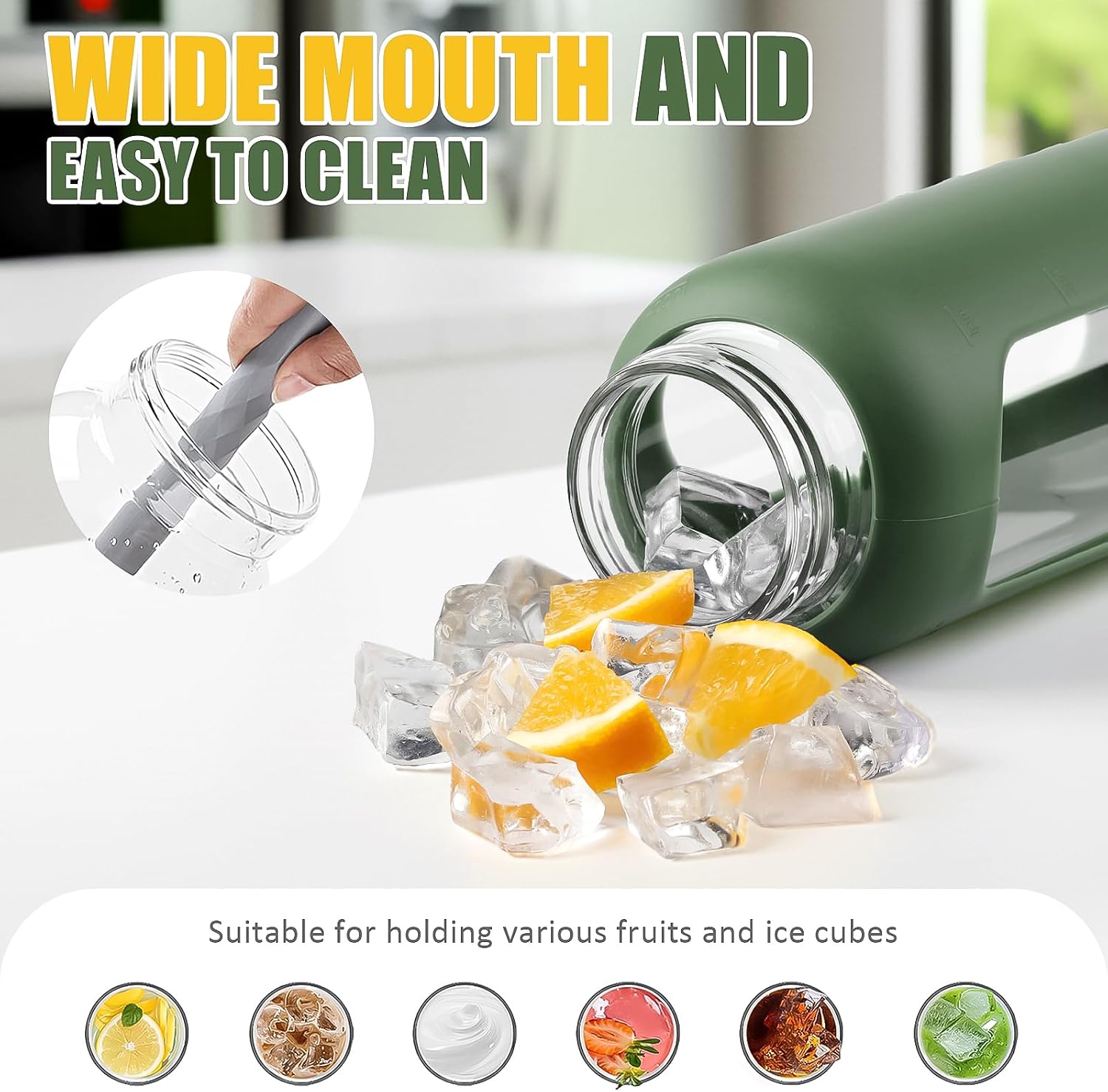 Detalle 2 de BLUEGO 700ml borosilicate glass water bottle with 2 lids and silicone sleeve (BPA-free, olive)