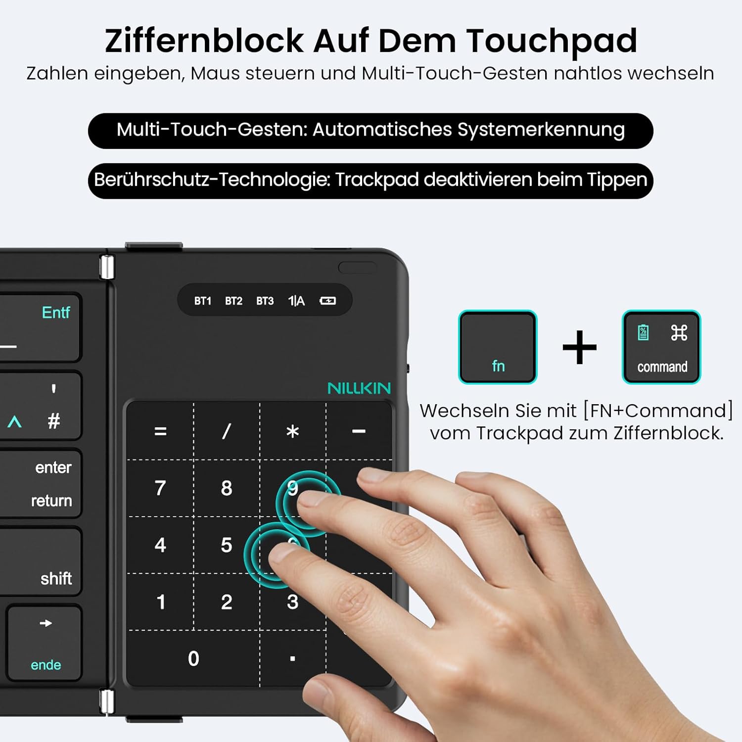 Thumbnail 3 de Nillkin faltbare Bluetooth-Tastatur mit Touchpad (QWERTZ, wiederaufladbar) – Mini-Klapptastatur für iPad/iOS, Android und Windows-Laptop