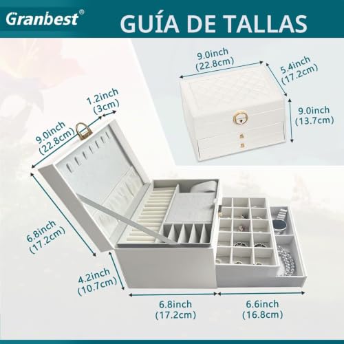 Thumbnail 4 de Granbest Joyero de 3 capas con 2 cajones – joyero de piel elegante para collares, pulseras, anillos y pendientes (blanco)