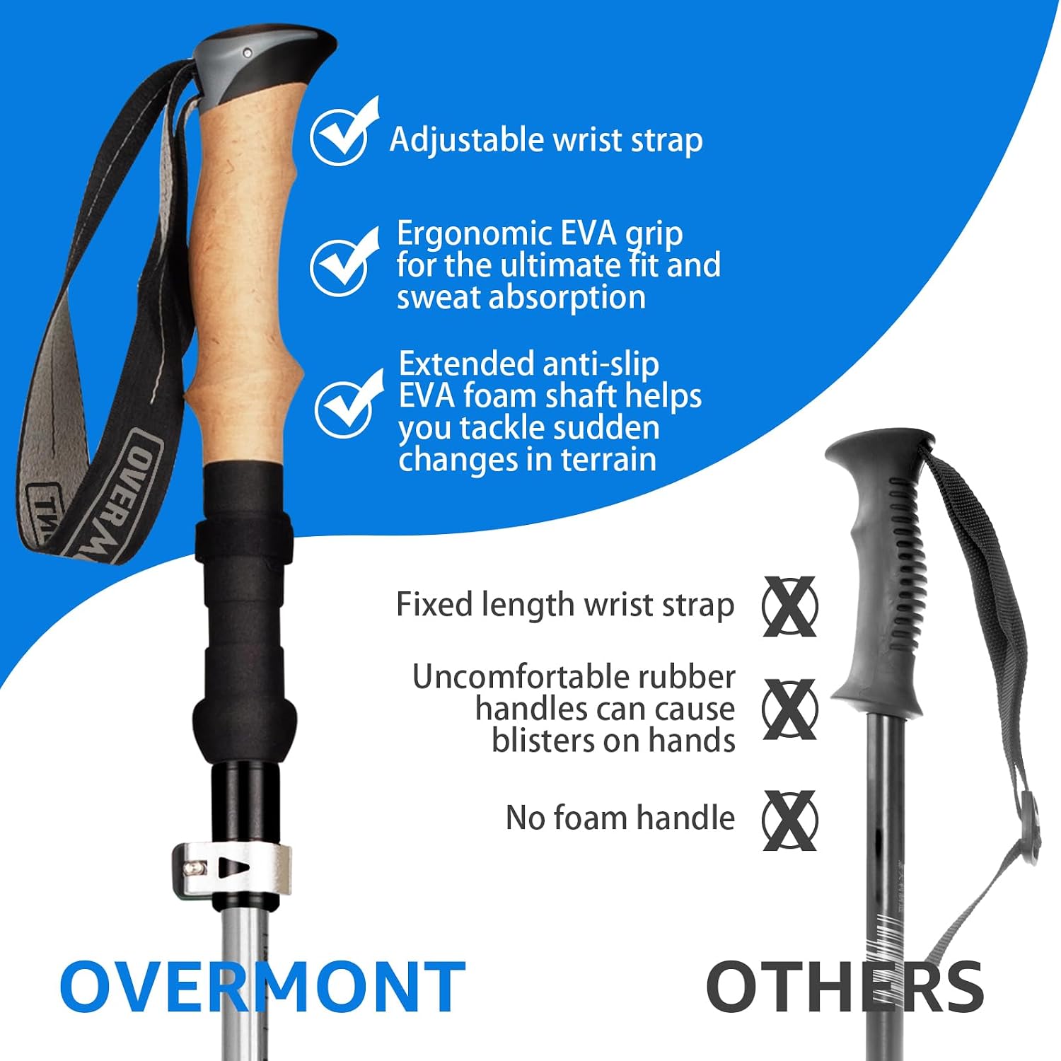 Detalle de Overmont 7075 Aluminum Trekking Poles, Foldable with EVA Grips and Trail Tips