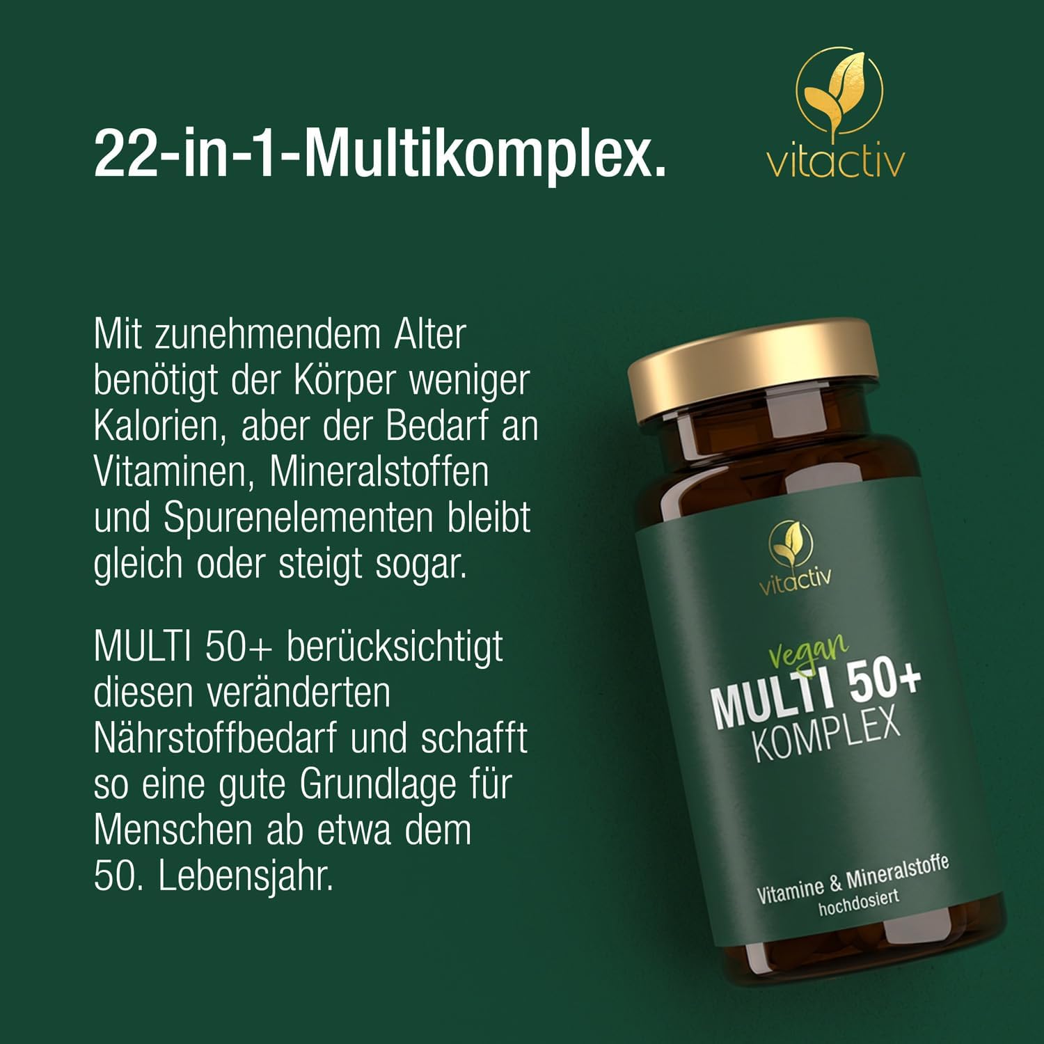 Thumbnail 2 de Vitactiv MULTI 50 plus – Multivitamin-Komplex für Menschen ab 50 mit B-, C-, D-, E-, K-Vitaminen, Magnesium, Calcium & Zink (60 Kapseln)