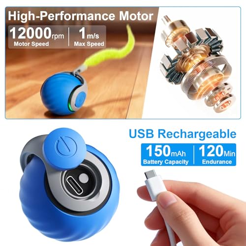 Detalle de Juguete Interactivo Gato Pelota Speedy Tail 2.0 de Kinizuxi (Azul) – Bola rodante recargable para gatos