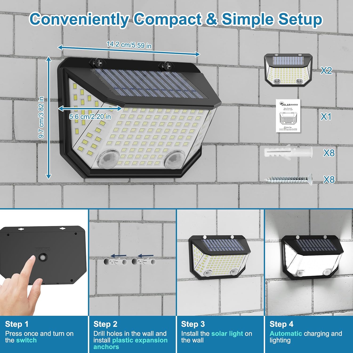 Thumbnail 6 de AmeriTop Lot de 2 lampes solaires avec détecteur de mouvement et détection jusqu’à 8 m (IP65) — Éclairage extérieur pour porche, patio et garage