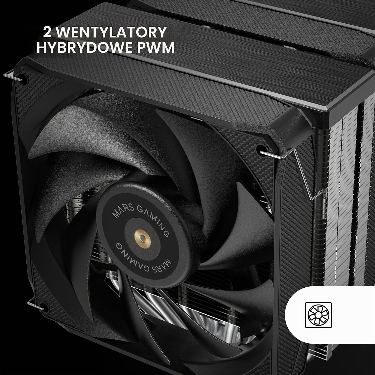 Detalle de Mars Gaming MCPU-XU6, dwuwieżowe chłodzenie CPU, 6 rurek cieplnych i 2 wentylatory 120 mm