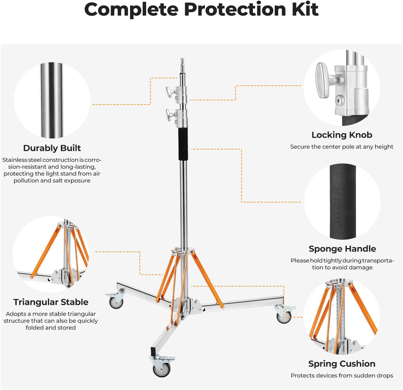 Detalle 2 de K&F CONCEPT Heavy Duty Light Stand with Casters (10.5ft/320cm Adjustable Tripod)