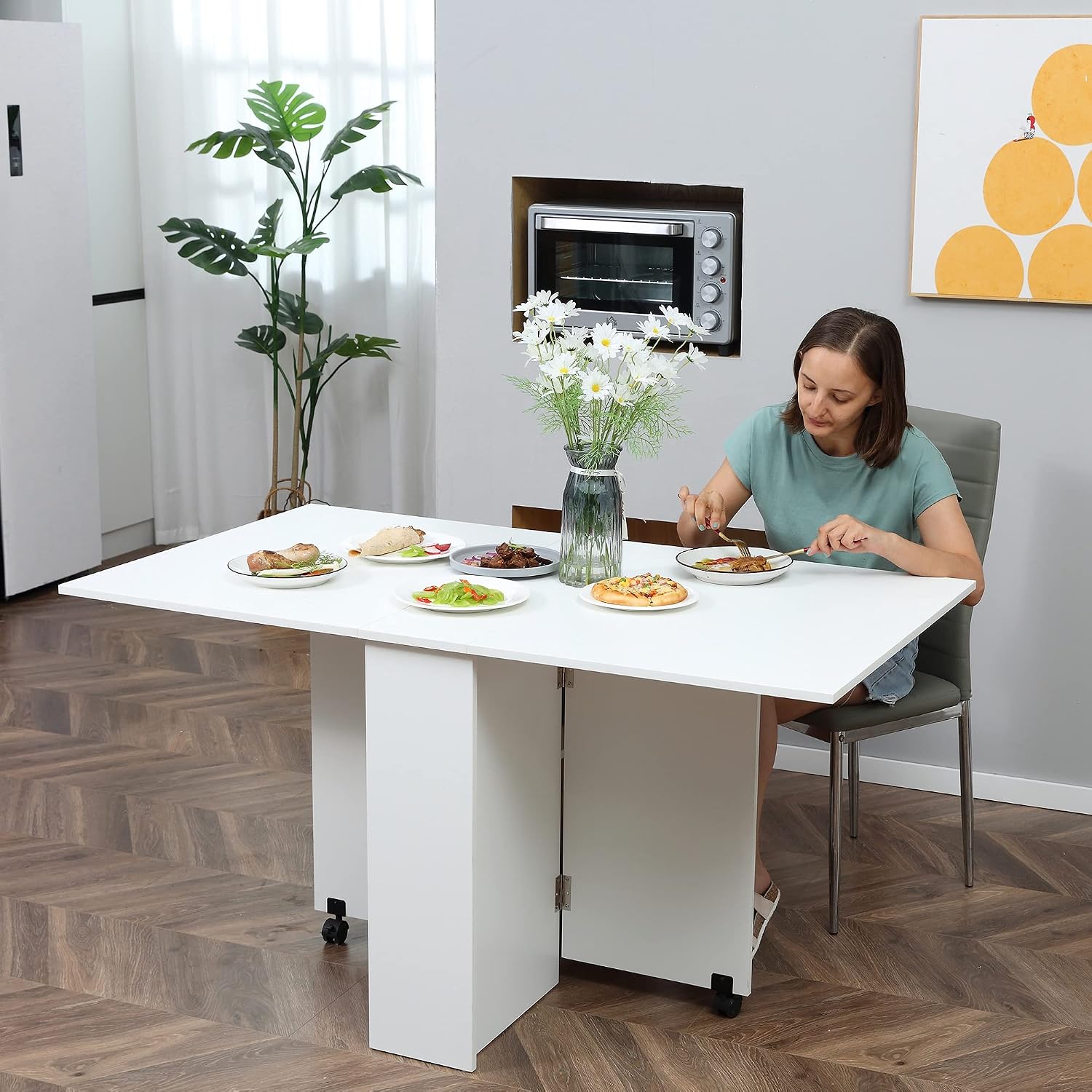 Thumbnail 6 de HOMCOM Table pliante de cuisine extensible sur roulettes, 2 étagères intégrées, 75 x 140 x 74 cm, blanc