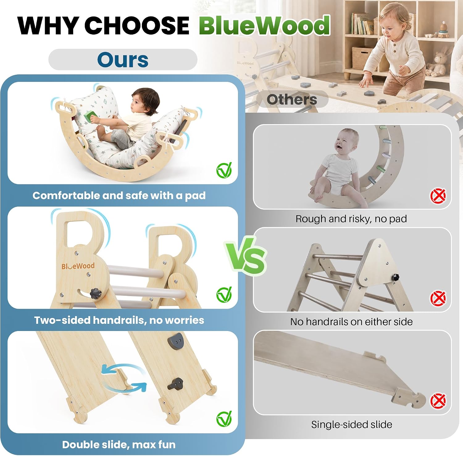 Thumbnail 6 de BlueWood Pikler Triangle Set with Cushion — 8-in-1 Montessori-Inspired Climbing Toy
