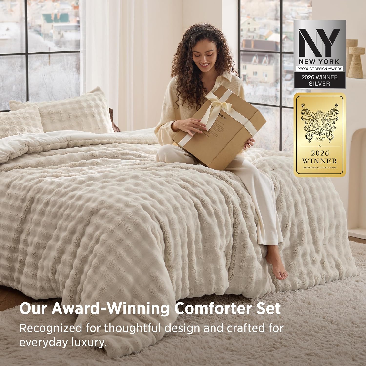 Detalle de Bedsure BB649B3 Cloud Bubble Queen Comforter Set, Beige Flannel