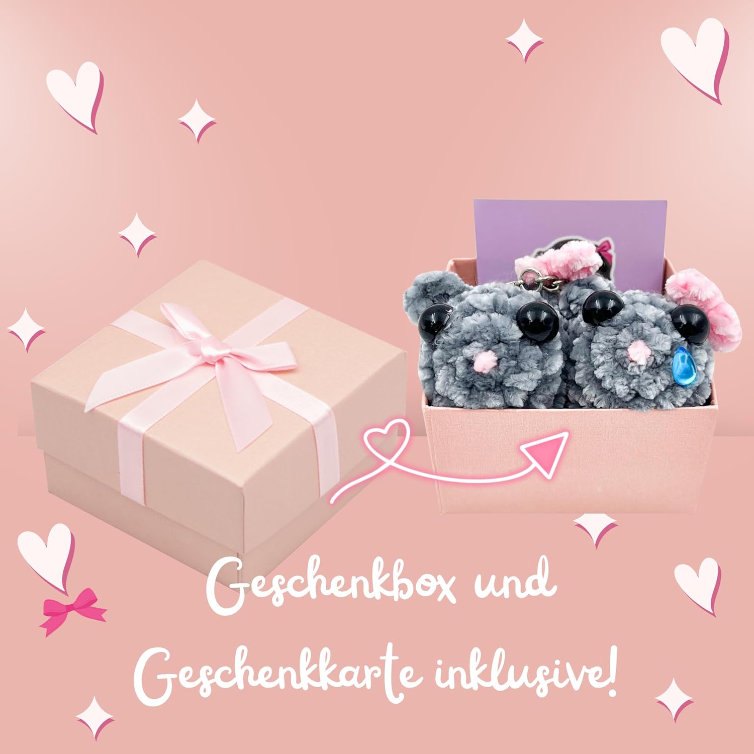 Detalle de VaroVaro SAD HAMSTER Hamsti – lot de 2 porte-clés crochetés, coffret cadeau avec carte (fait main)