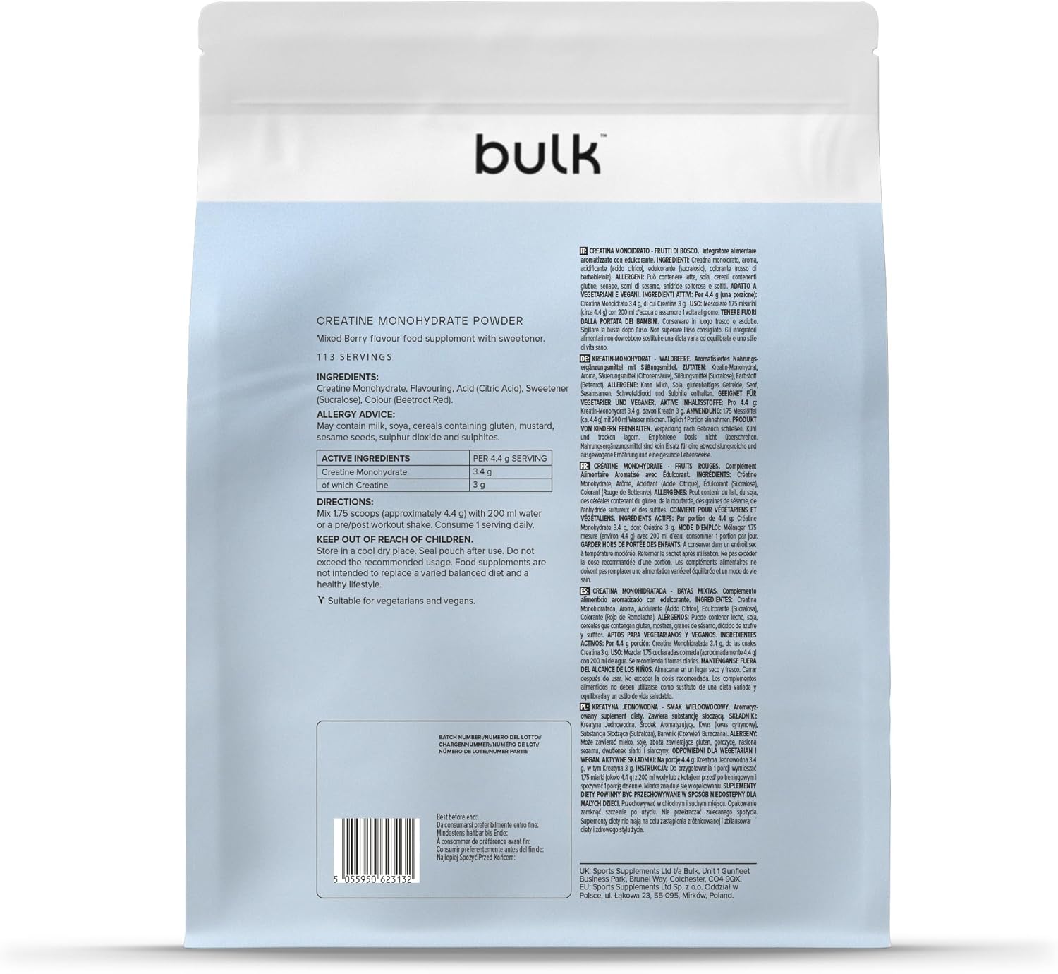 Detalle de Bulk Creatina Monoidrato Polvere 500 g – 147 porzioni, gusto Frutti di bosco, vegano e Halal