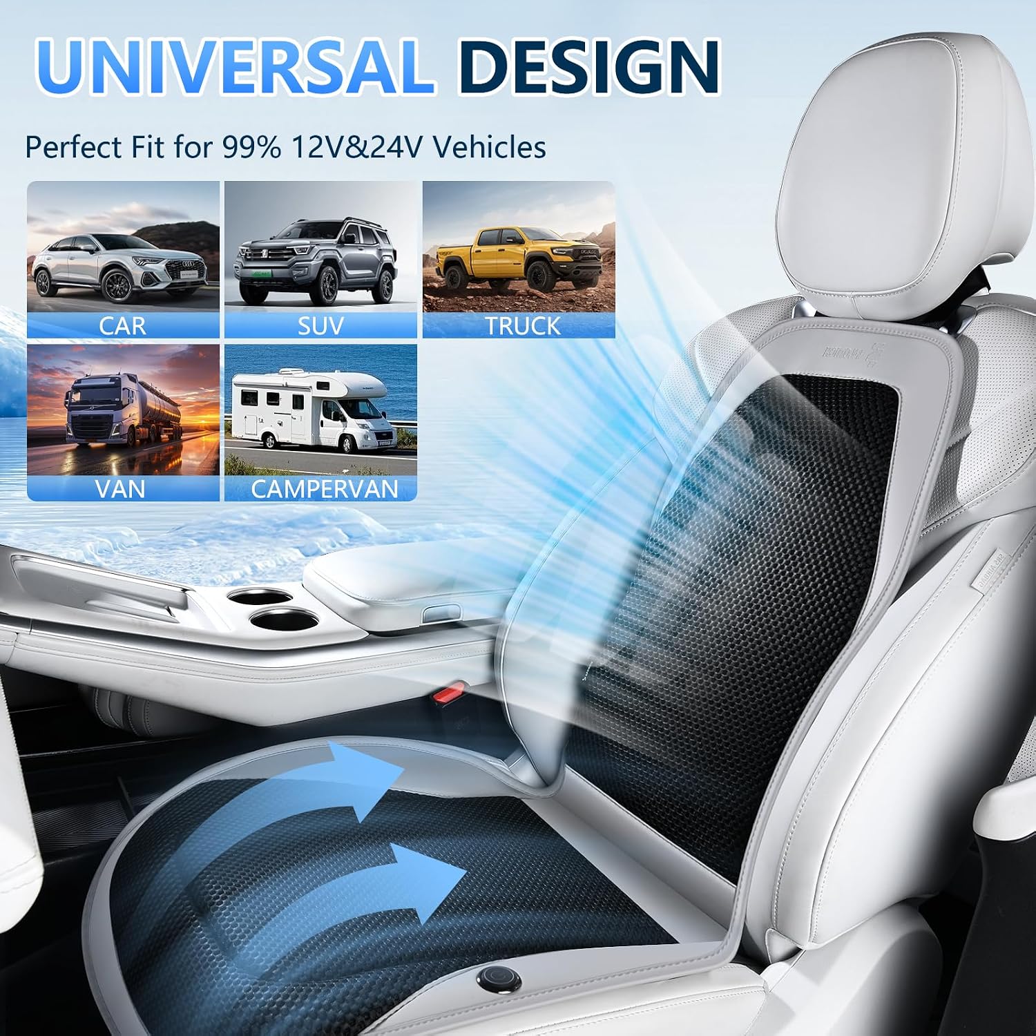 Thumbnail 6 de Upgraded Cooling Car Seat Cover Front Seat with Blowing & Suction – 12V-24V, 8 Turbo Fans, 3-Speed, Universal Fit