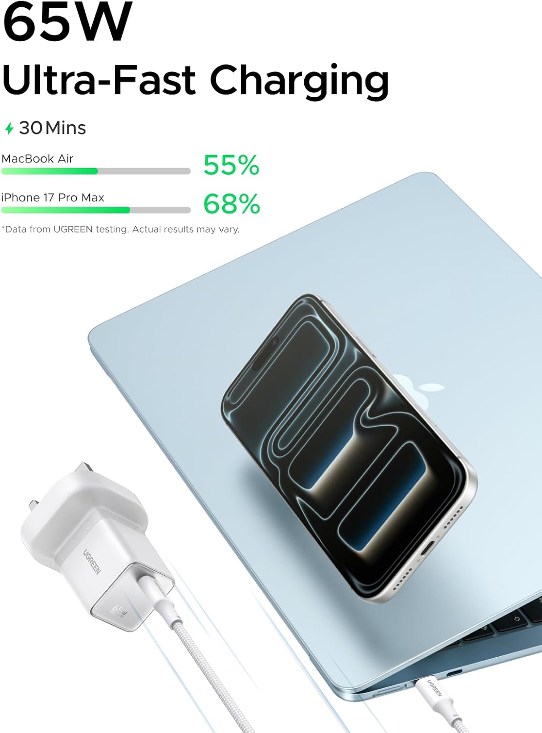 Detalle de UGREEN Nexode Air 65W USB C Charger with Cable (White) – Ultra Slim GaN Fast Charger