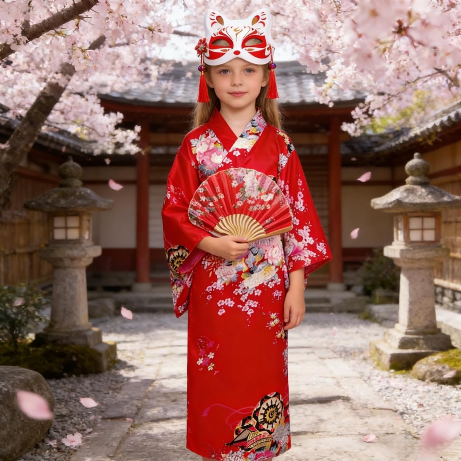 Detalle 2 de CRFASIBE Japanse yukata-kostuumset voor meisjes, 5-delig met masker en accessoires