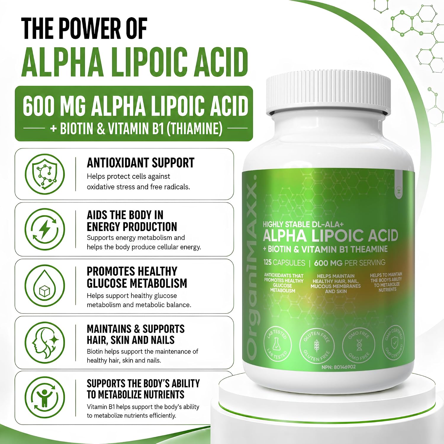 Thumbnail 6 de OrganiMAXX. Alpha Lipoic Acid 125, 600 mg Capsules with B1 and Biotin