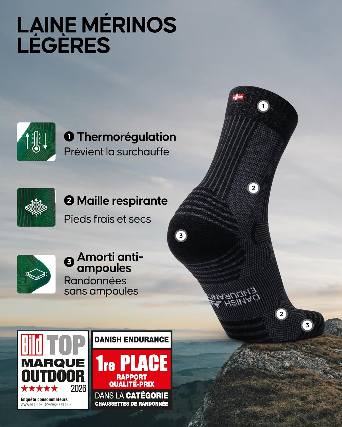 Detalle 2 de DANISH ENDURANCE Chaussettes Randonnée Mérinos 3P/5P