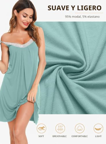 Detalle de Lovasy Camisón de Mujer Verano en Encaje con Tirantes Ajustables – Verde Claro, XL