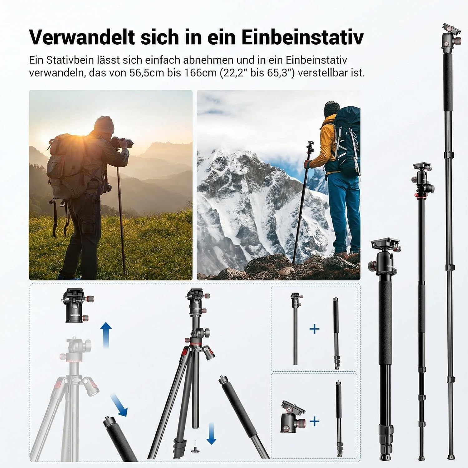Detalle de NEEWER 90 Zoll horizontales Kamerastativ mit Kugelkopf und umgekehrten Beinen – zuverlässig für DSLR-Video und Fotografie