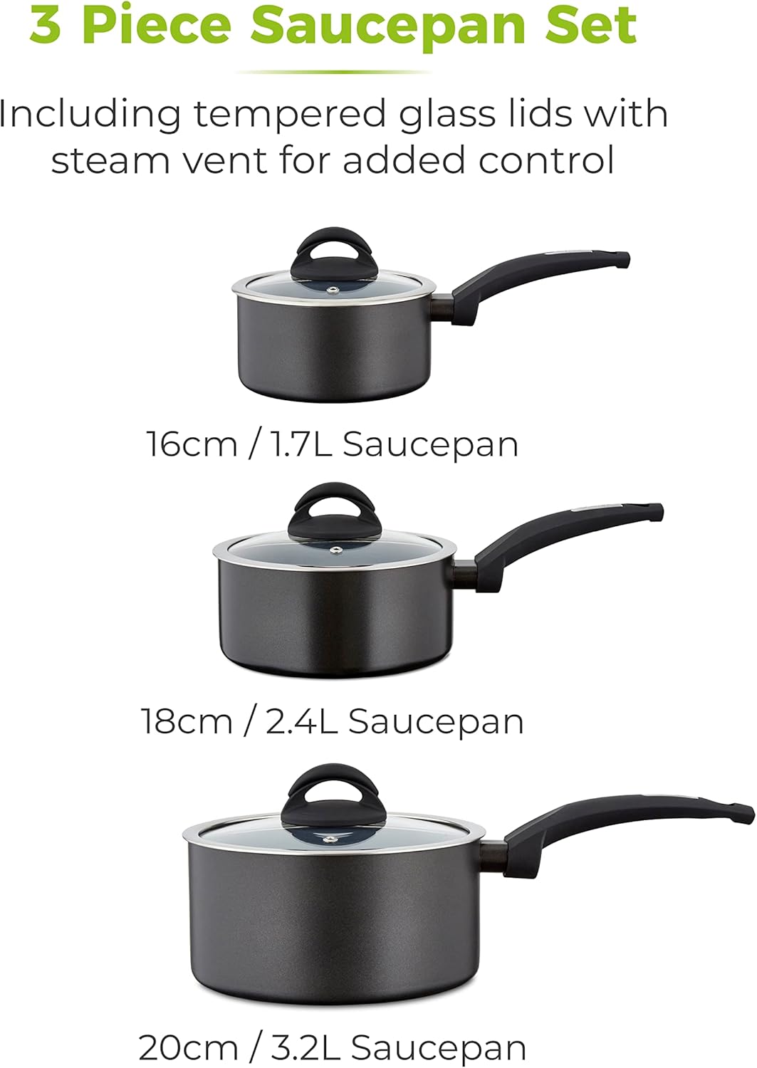 Detalle de Tower T80302 Cerasure 3 Piece Saucepan Set with Non-Stick Coating – Graphite (16/18/20 cm)