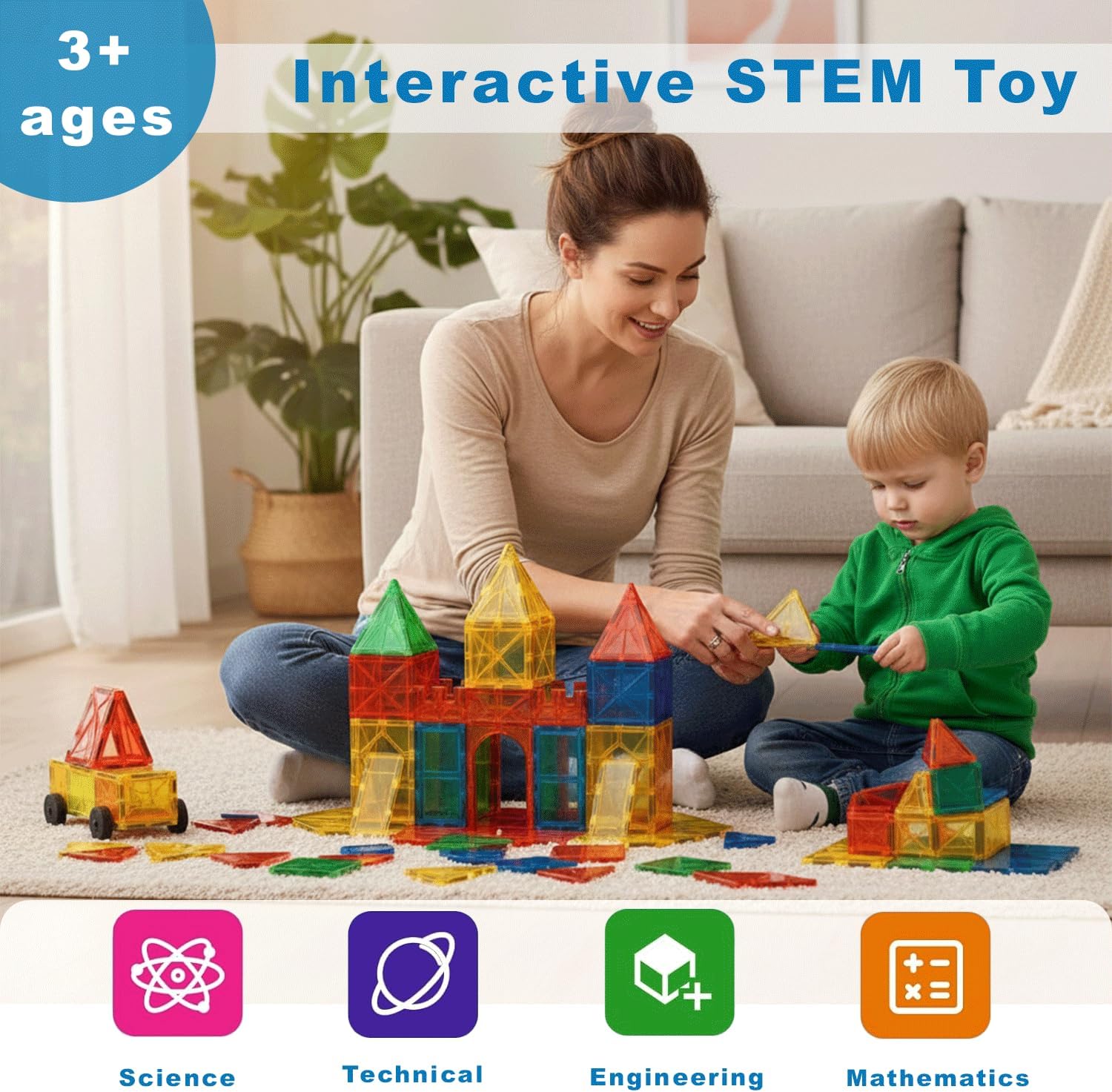 Detalle de Magnetic Tiles for Kids (100 Pieces) with 2 Cars – STEM Building Set