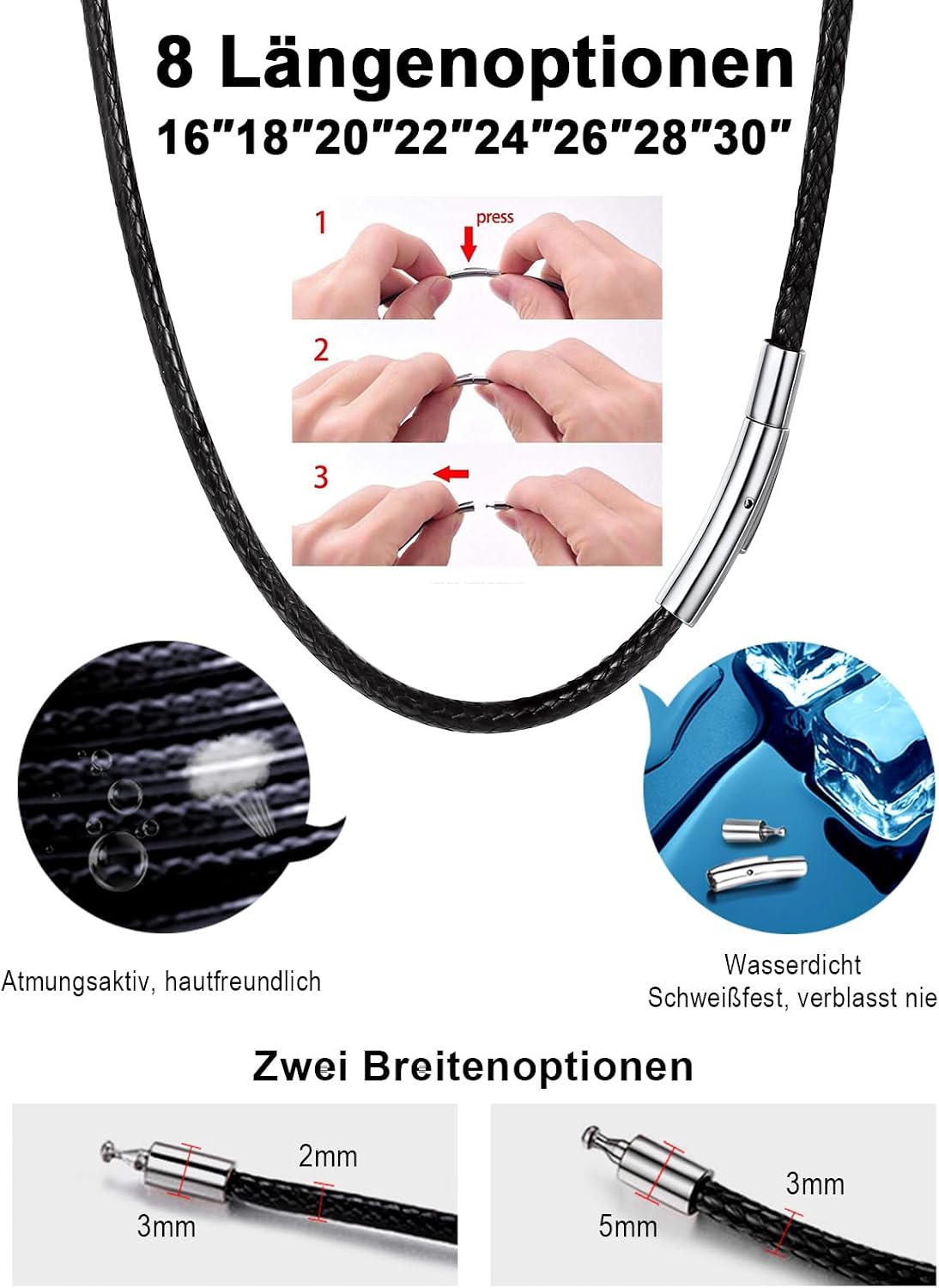 Detalle de FaithHeart Lederkette für Herren & Damen – Lederband mit Verschluss, 1,5/2/3 mm, ohne Anhänger (schwarz), 40–75 cm