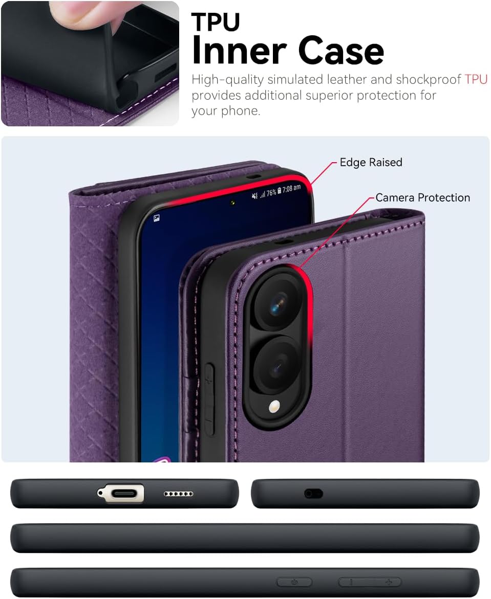 Detalle de OCASE Lederhülle für Samsung Galaxy S25 Edge 5G – Klappbar, RFID-Schutz, Dunkelviolett