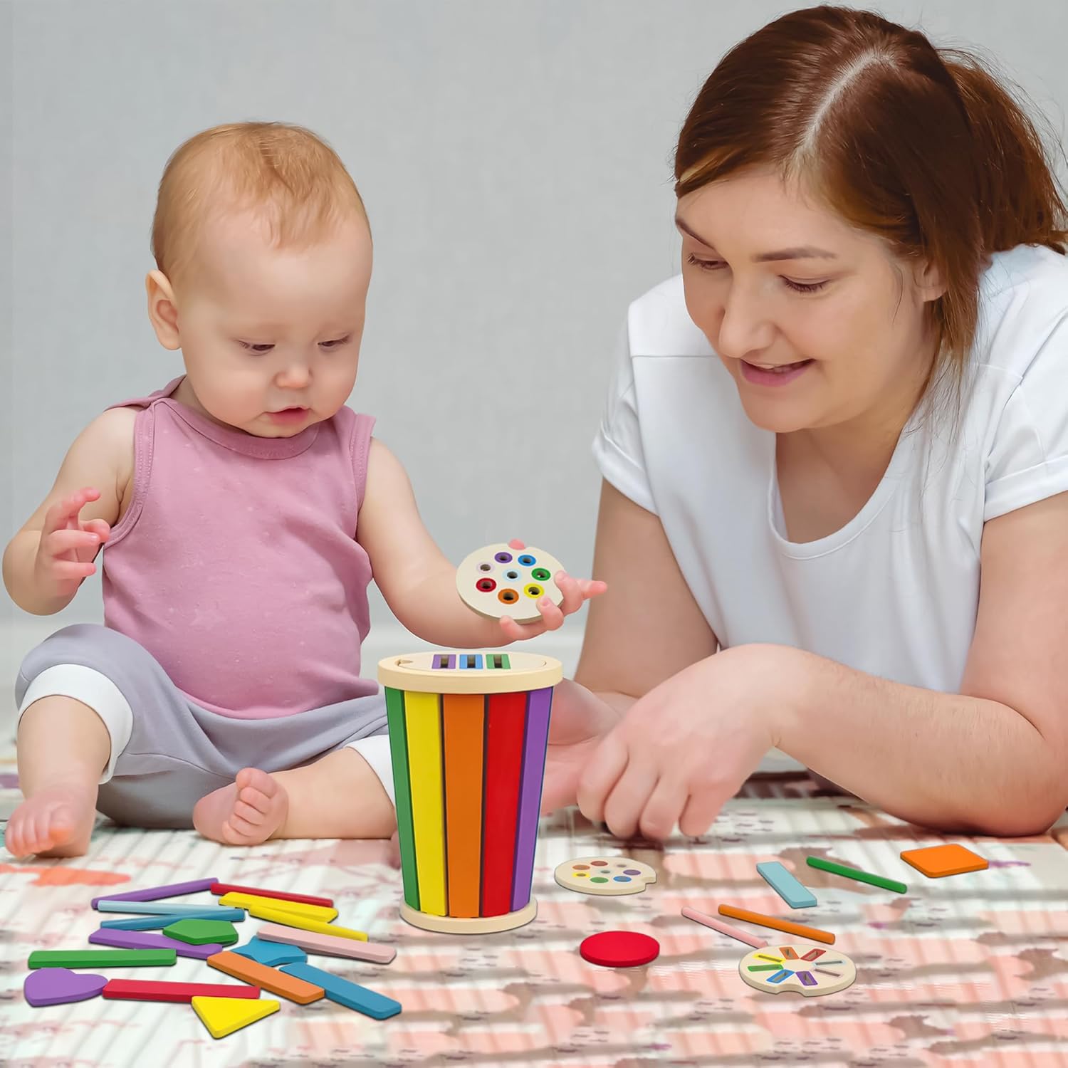 Detalle de Montessori Giocattoli 3 in 1 da 1 Anno: legno naturale, colori vivaci e sviluppo motorio