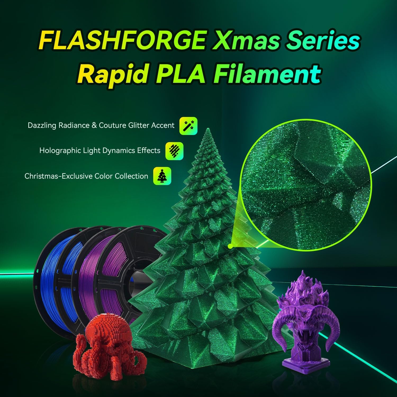 Thumbnail 1 de FLASHFORGE Xmas Series Rapid PLA Filament Aurora Purple — High-Fluidity, High-Speed 3D Printing 1.75mm