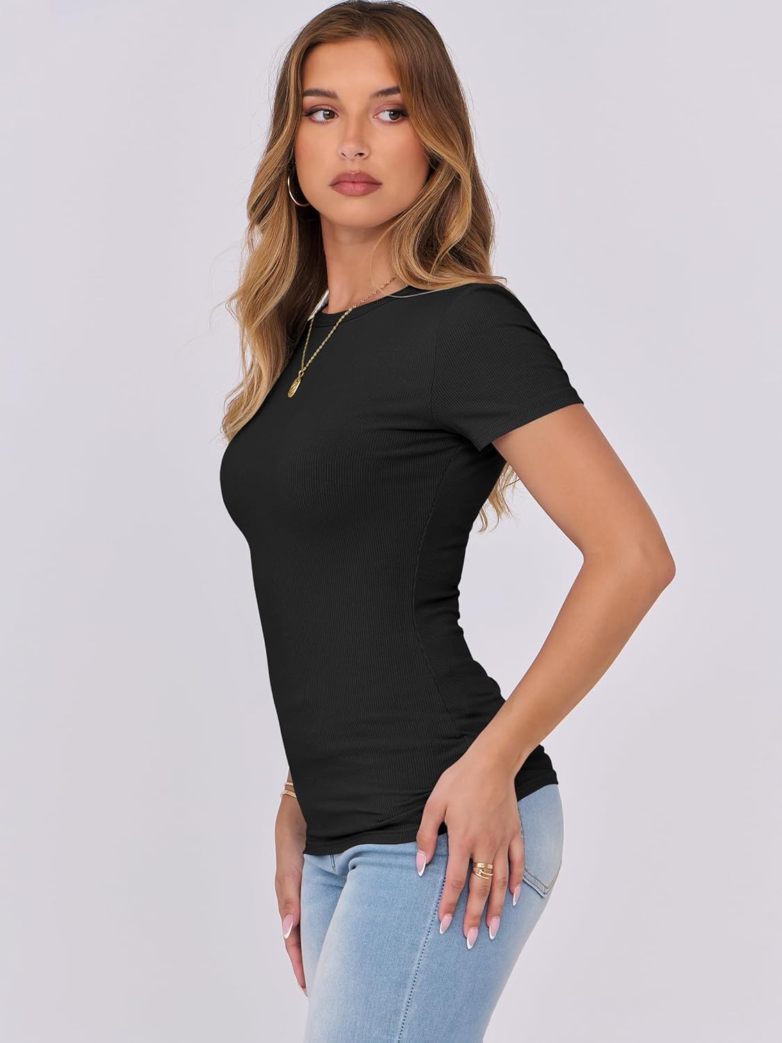 Thumbnail 3 de DUOEASE Damen T-Shirt Slim Fit – Rundhals, Sommer-Oberteil aus Rippen-Viscose-Mischung