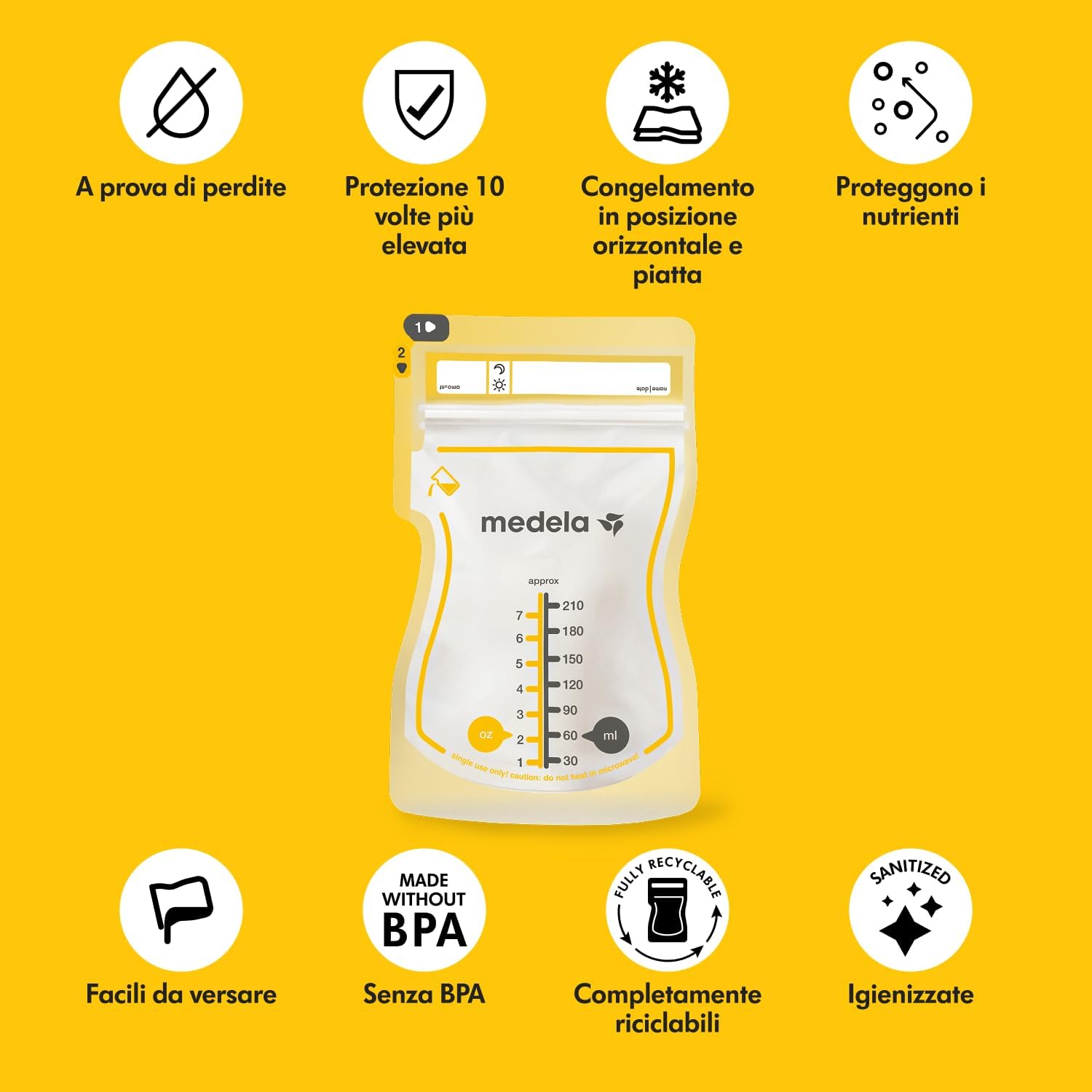 Detalle de Medela Sacche Monouso Easy Pour: Conservazione latte materno da 210 ml, 200 pezzi, design anti perdita