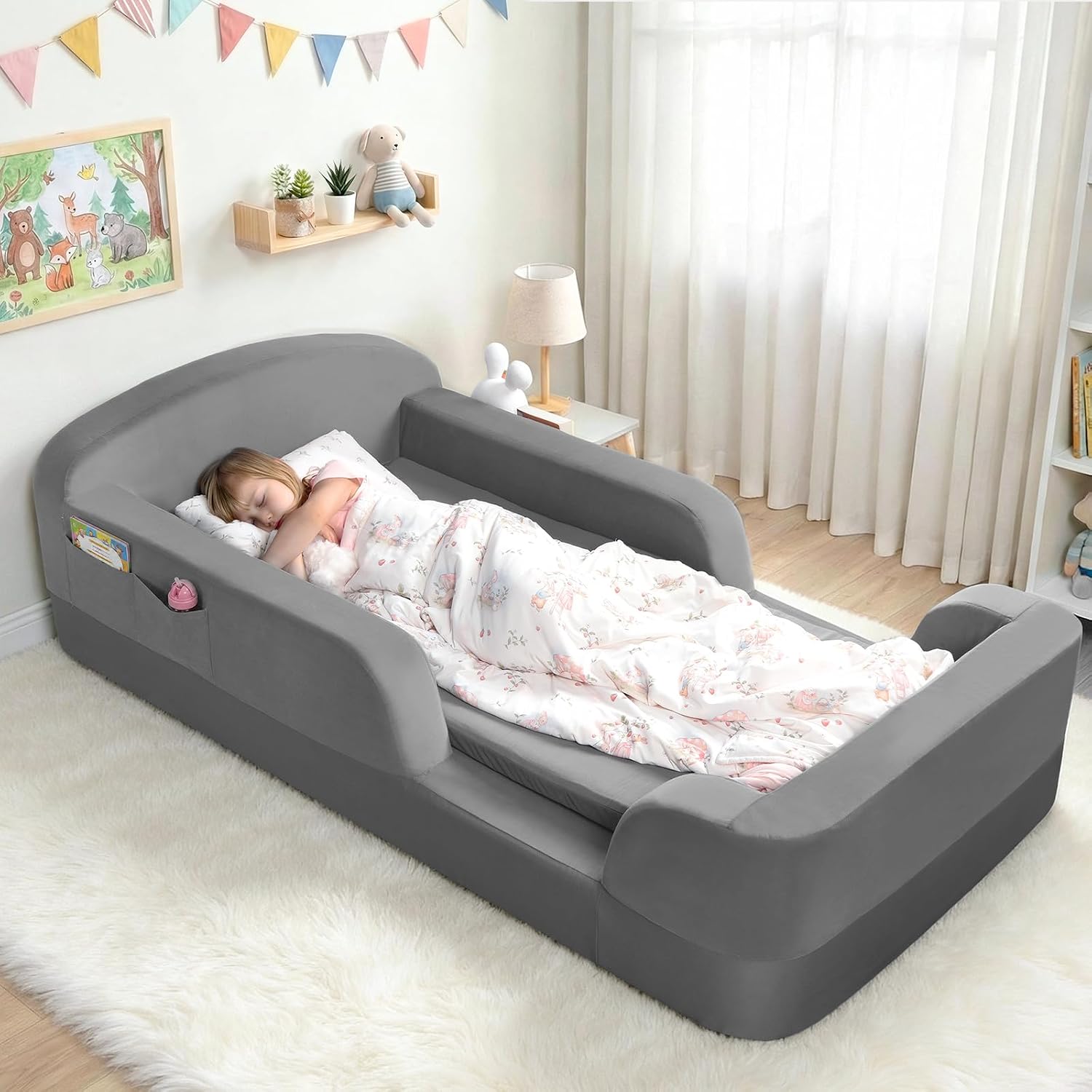 ENITYA T-BED Toddler Floor Bed with Mattress, Foam Guardrails, Gray